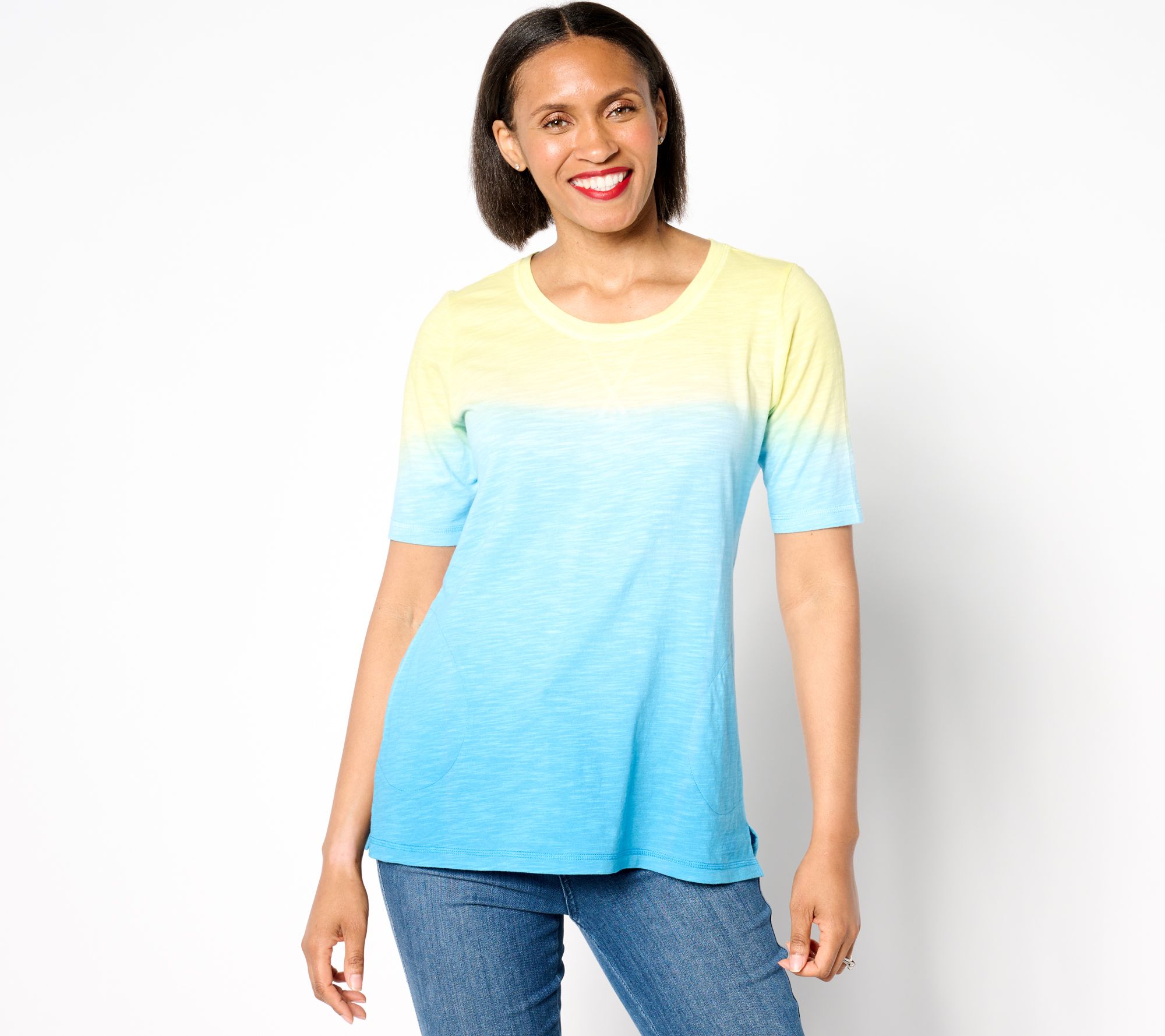 LOGO by Lori Goldstein Cotton Slub Elbow Sleeve Ombre Tee