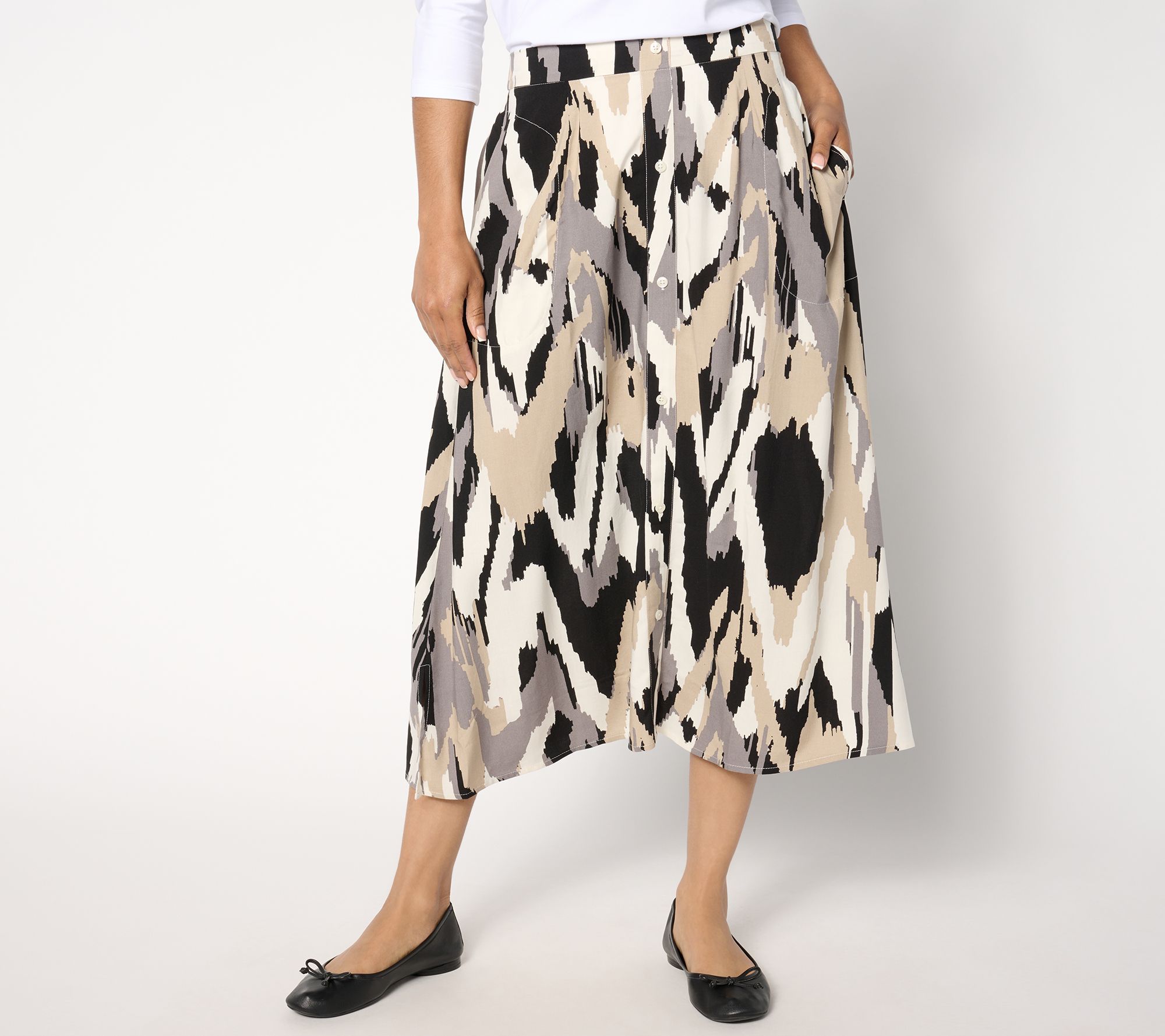 Denim & Co. Petite Printed Midi Skirt W/ with Pockets