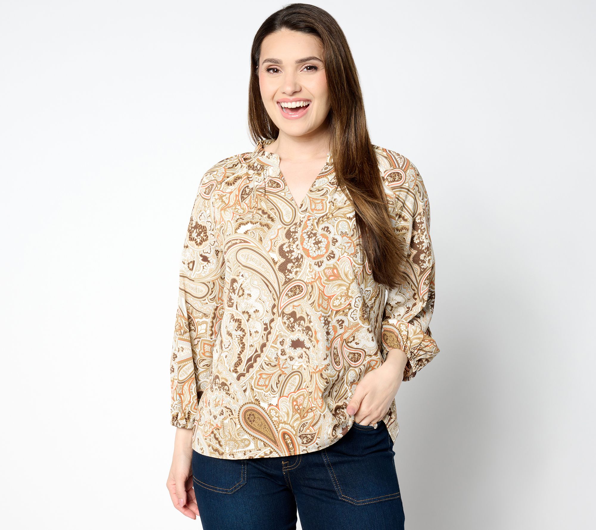BEAUTIFUL by Lawrence Zarian Printed Stretch Sateen 3/4 Sleeve Blouse