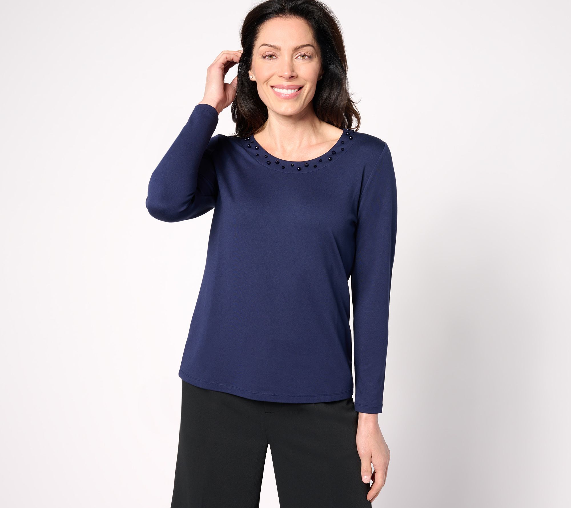 "As Is" BEAUTIFUL by Lawrence Zarian Silky Ponte Top with Faux Pearl