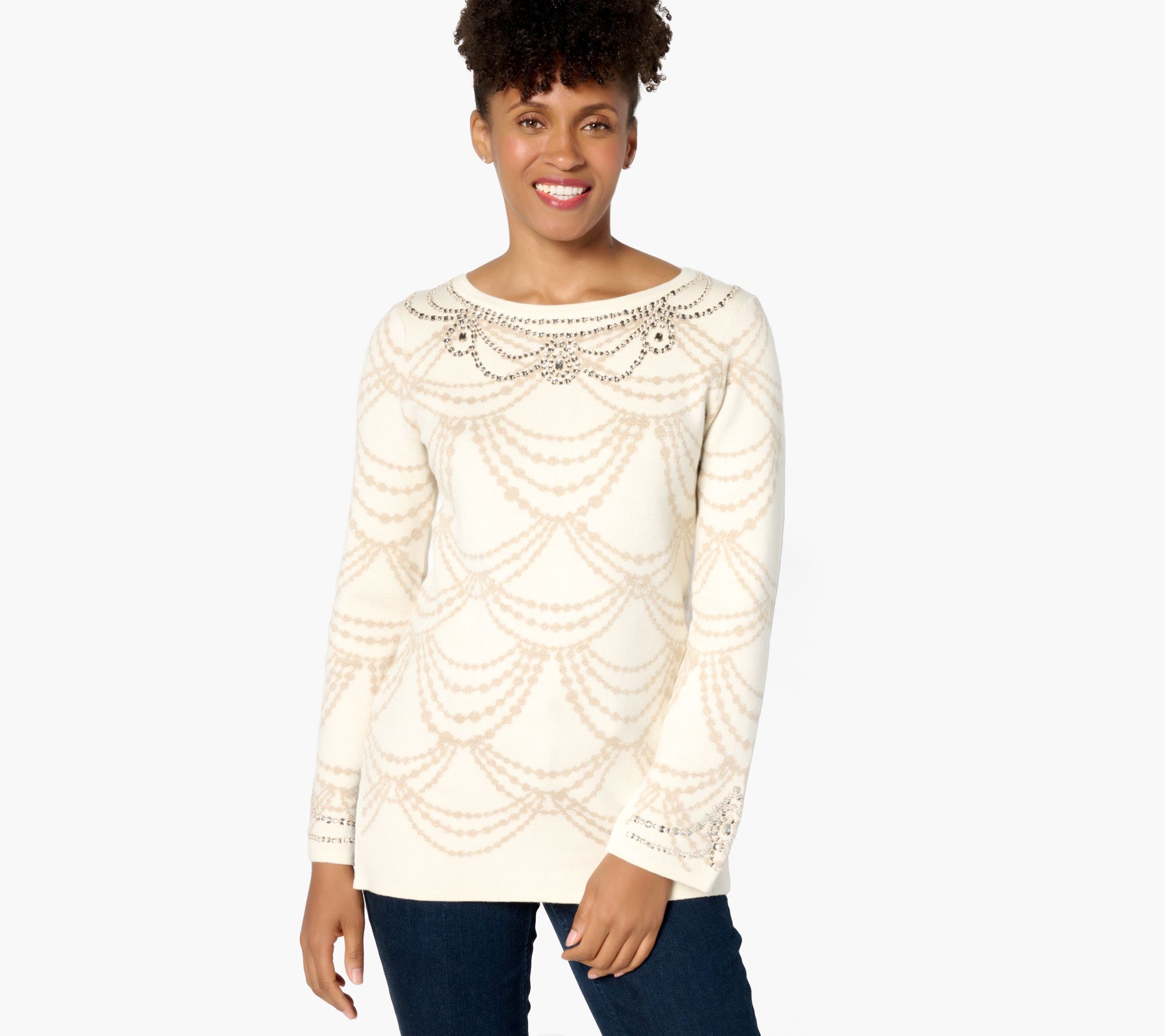 "As Is" Isaac Mizrahi Live! Petite Jacquard Sweater with Metallic Detail