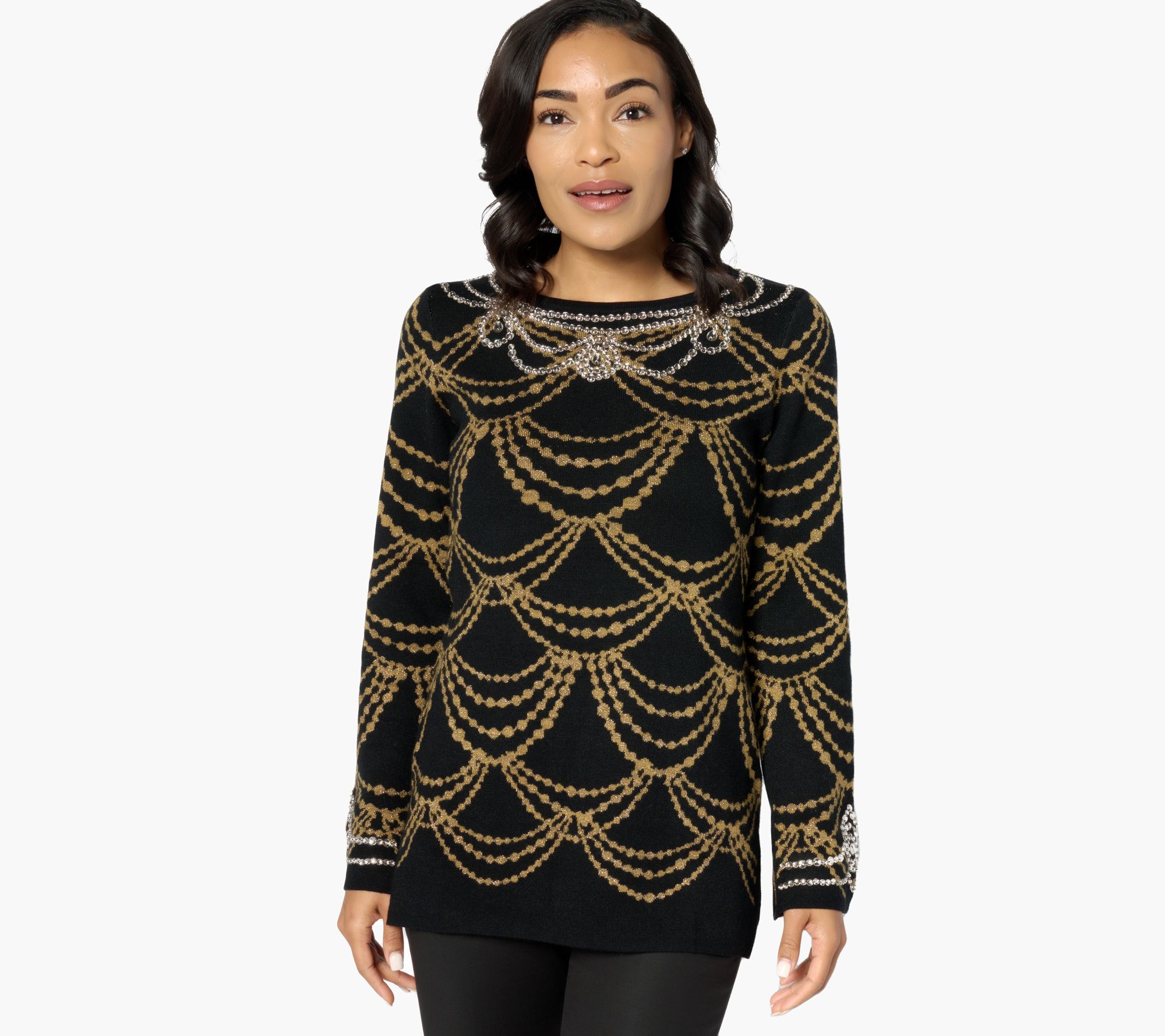 "As Is" Isaac Mizrahi Live! Petite Jacquard Sweater with Metallic Detail