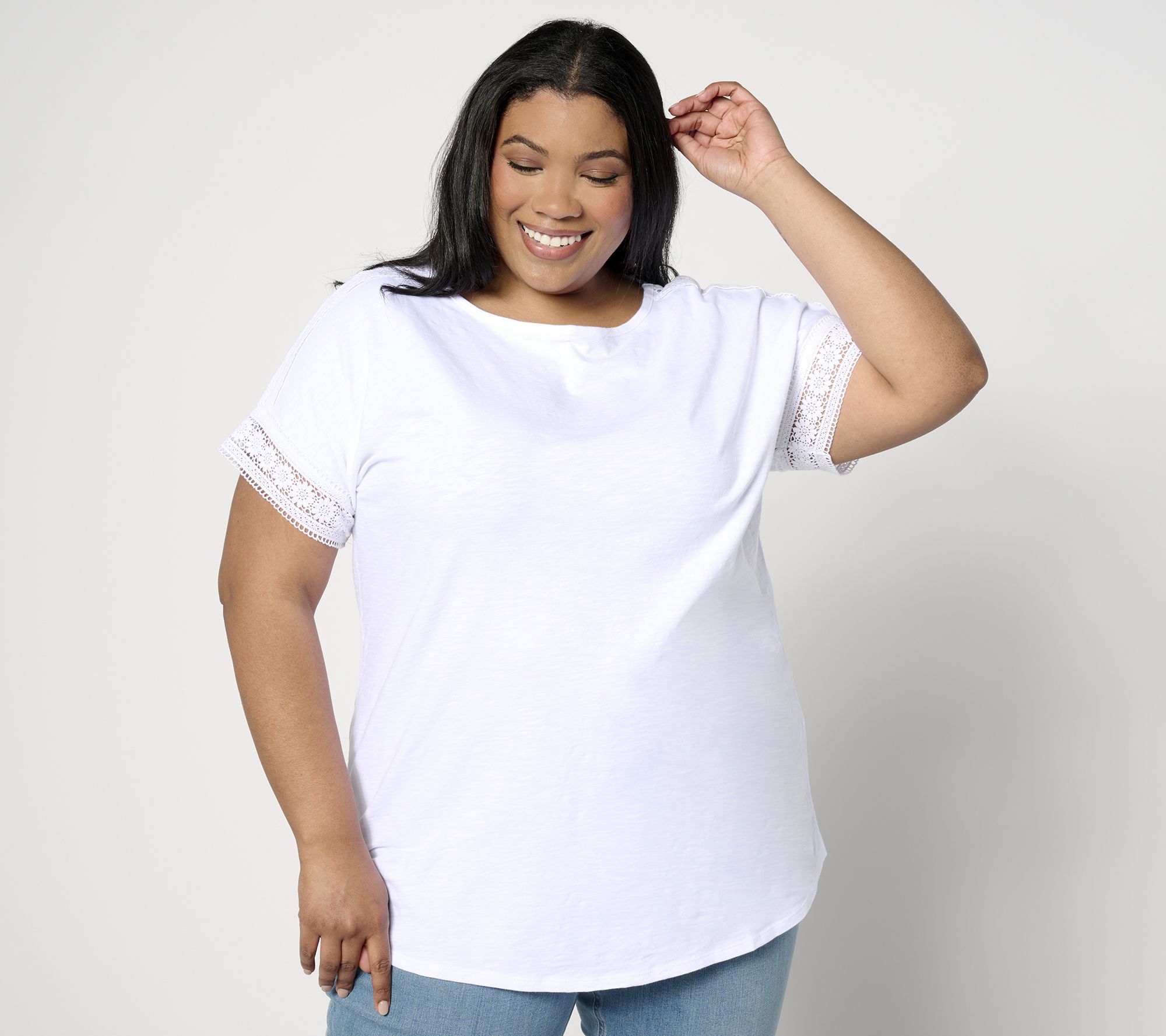 "As Is" Denim & Co. Regular Texture Knit Lace Trim Tunic