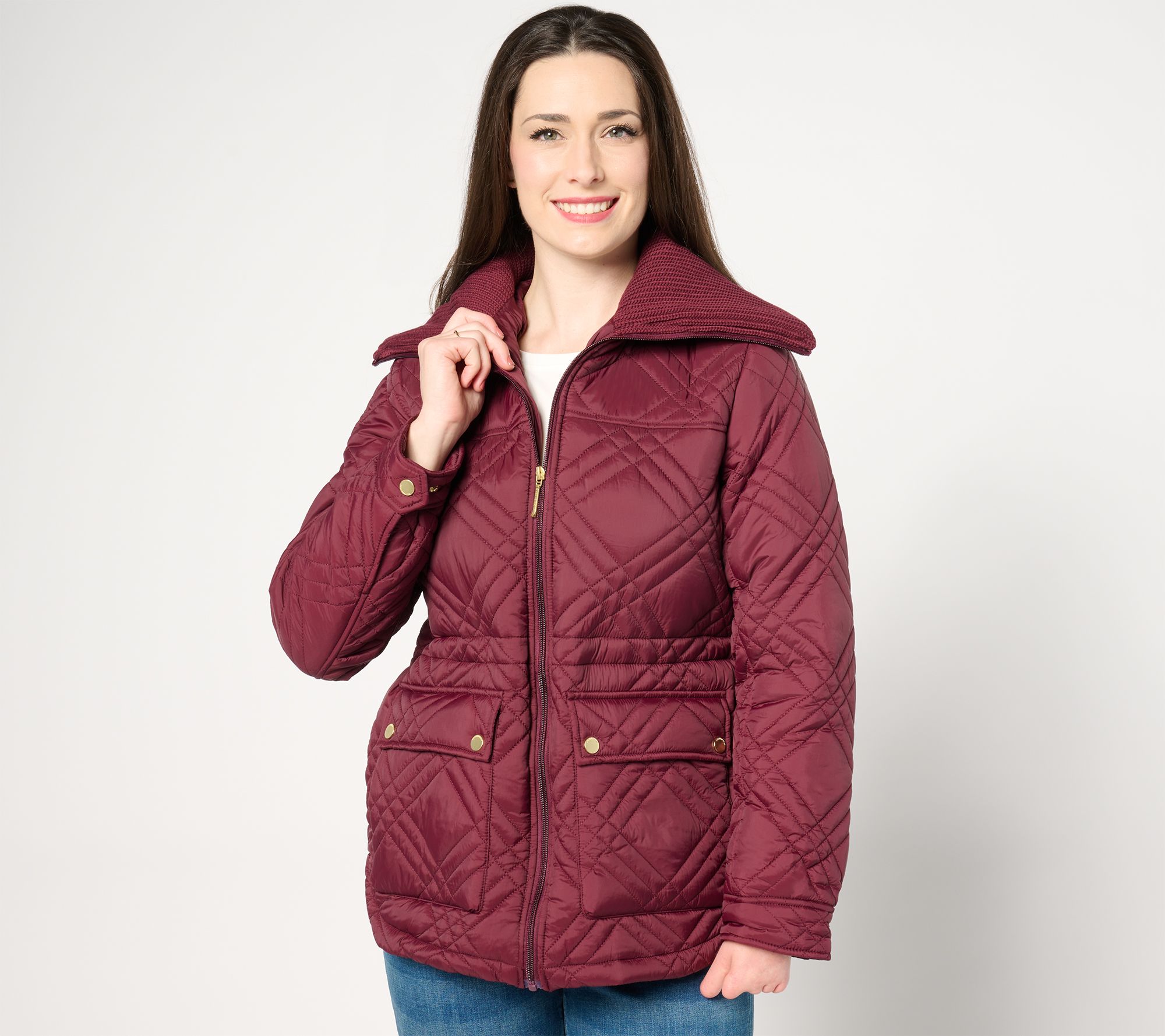 Weatherproof Quilted Anorak with Ribbed Knit Collar