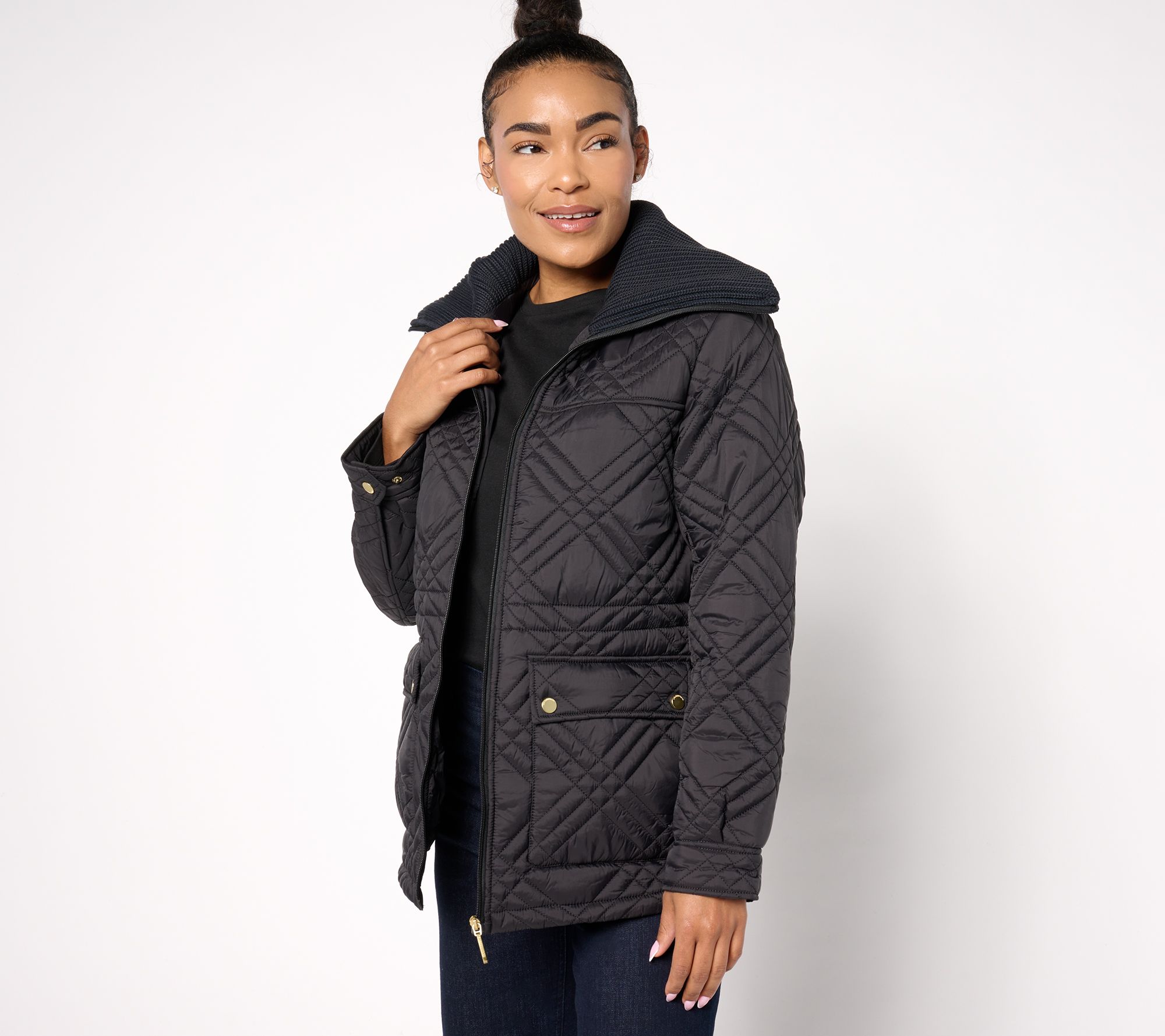 Weatherproof Quilted Anorak with Ribbed Knit Collar