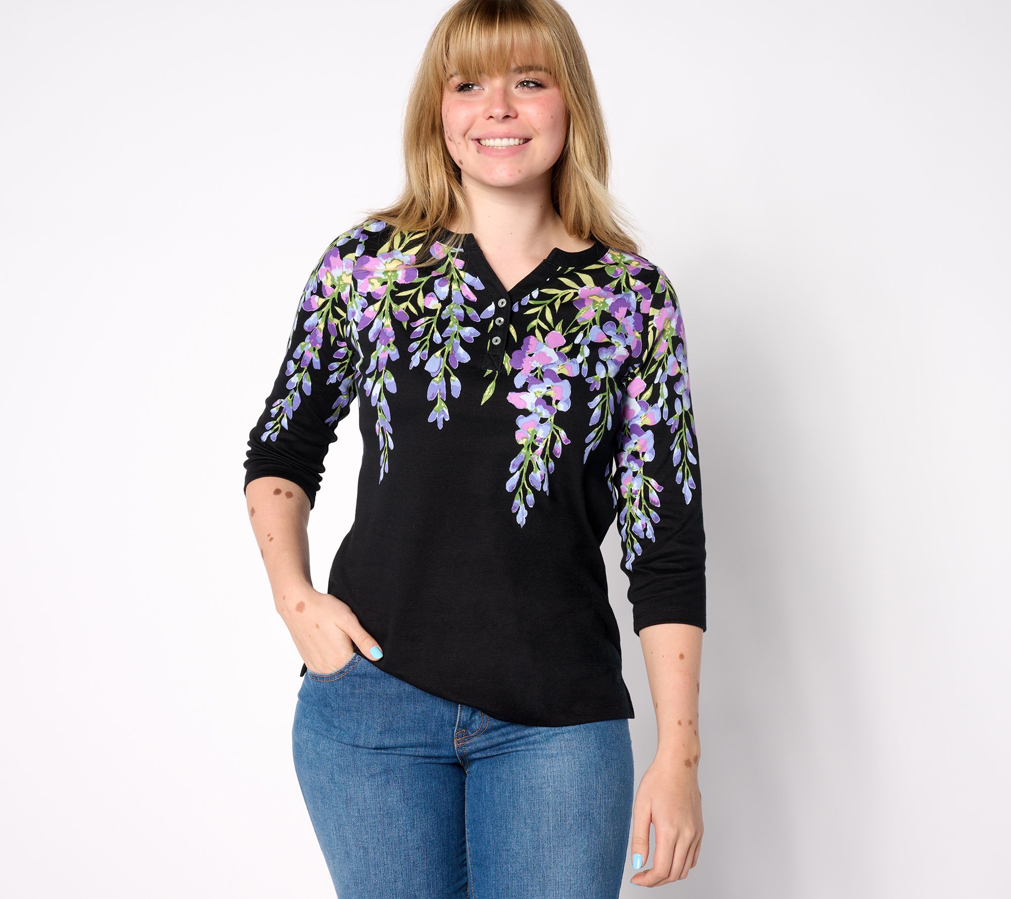 "As Is" Quacker Factory Printed Wisteria 3/4 Sleeve Split Neck Top