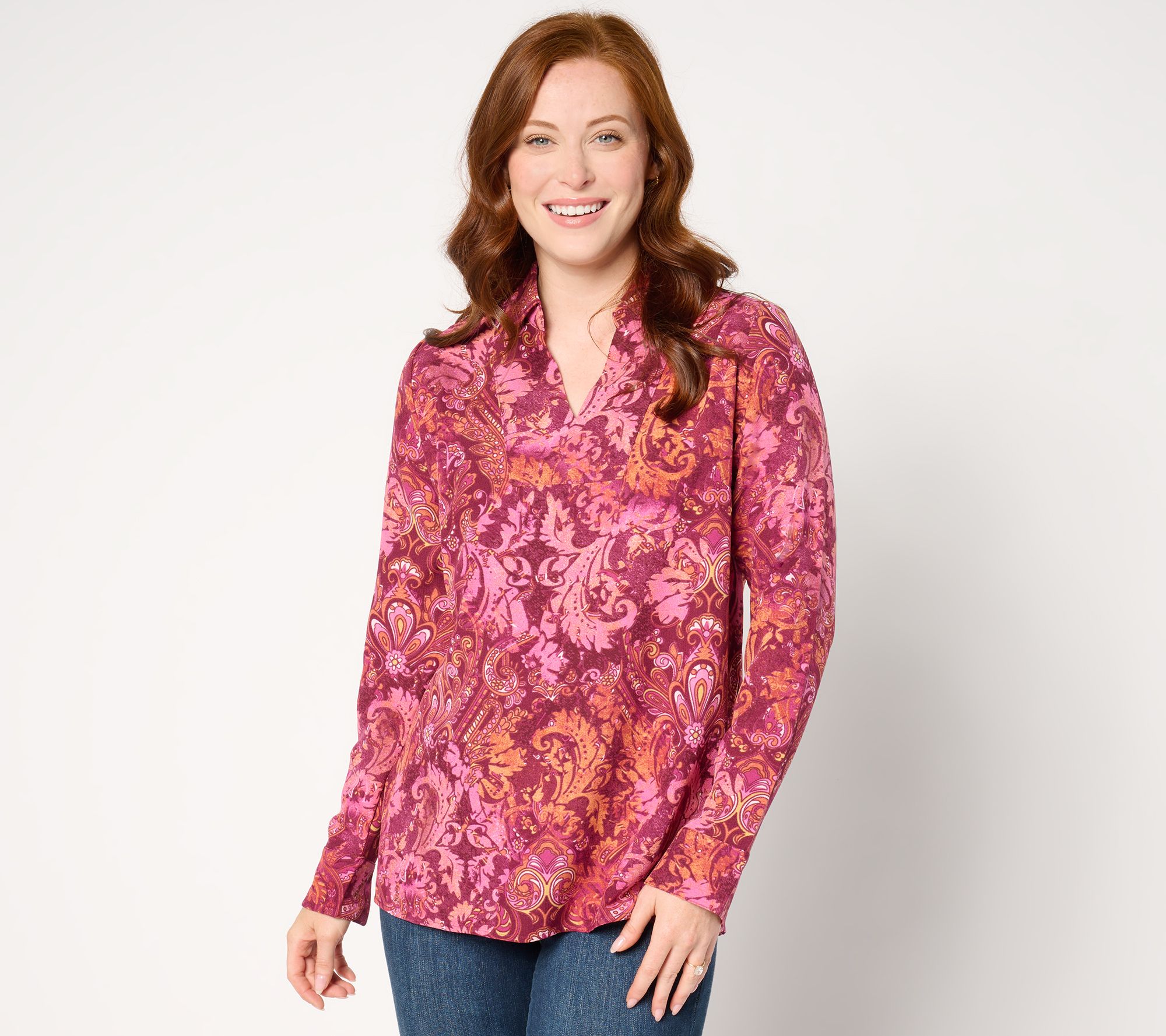 Denim & Co. Regular Printed Split V-Neck Tunic