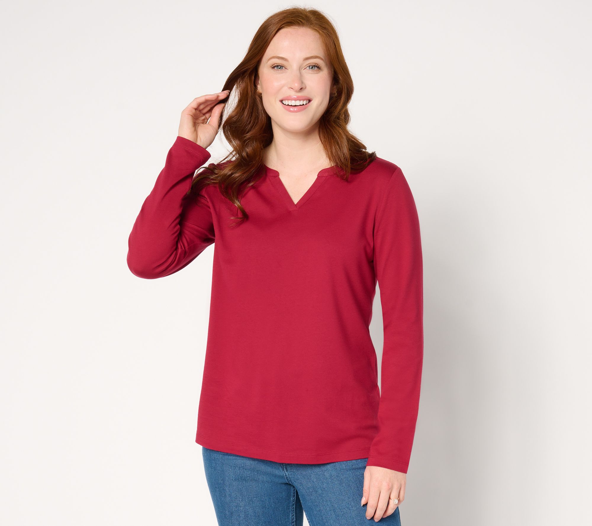 Denim & Co. Essentials Luxe Jersey Split V-Neck Long Sleeve Top