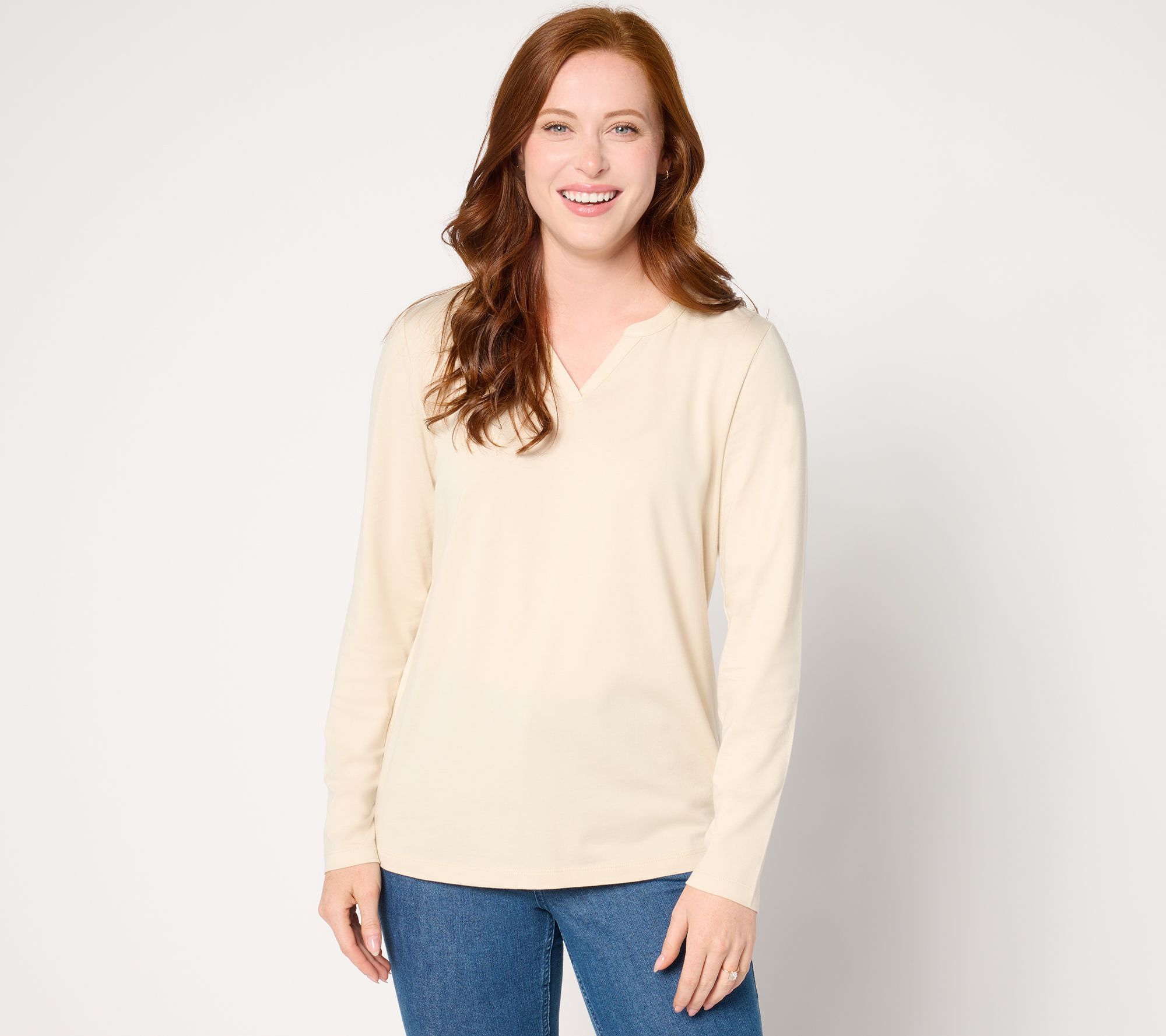 Denim & Co. Essentials Luxe Jersey Split V-Neck Long Sleeve Top