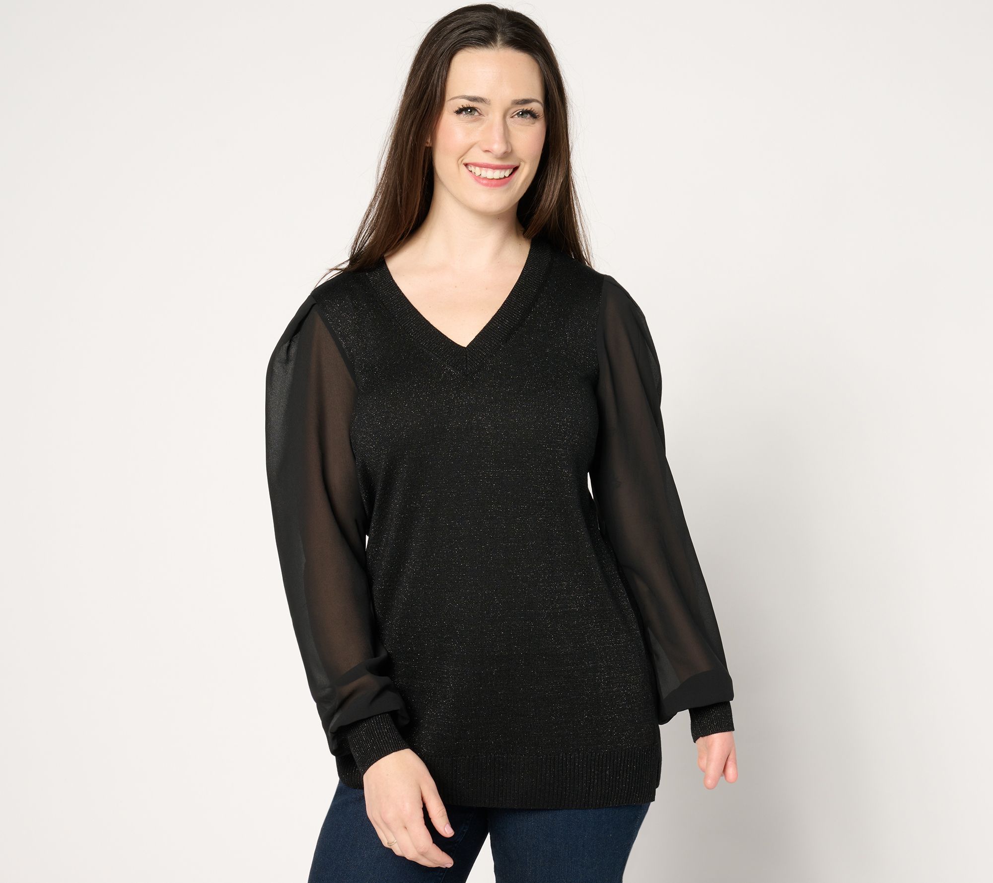 Belle by Kim Gravel Lurex V Neck Sweater with Chiffon Sleeves