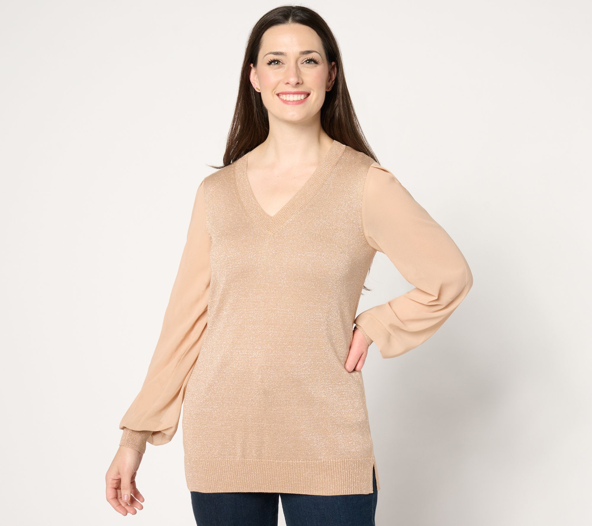 Belle by Kim Gravel Lurex V Neck Sweater with Chiffon Sleeves