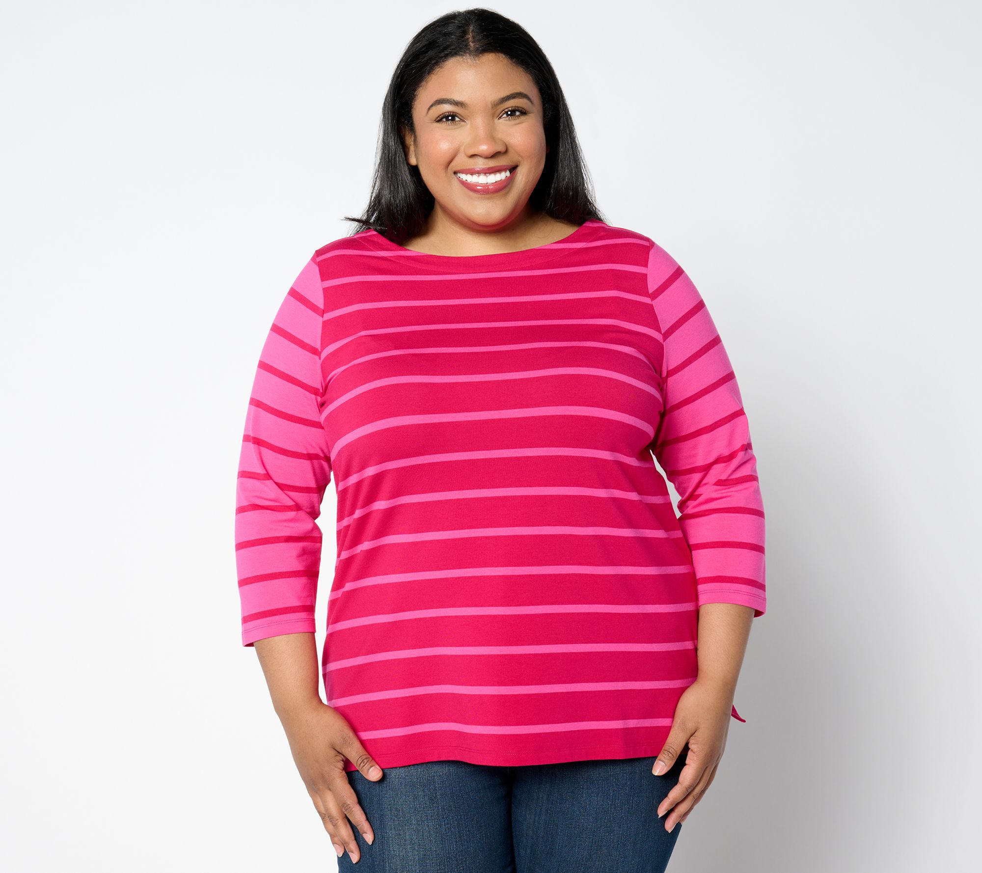 "As Is" Isaac Mizrahi Live! 3/4 Sleeve Yarn Dye Stripe Boat Neck Top