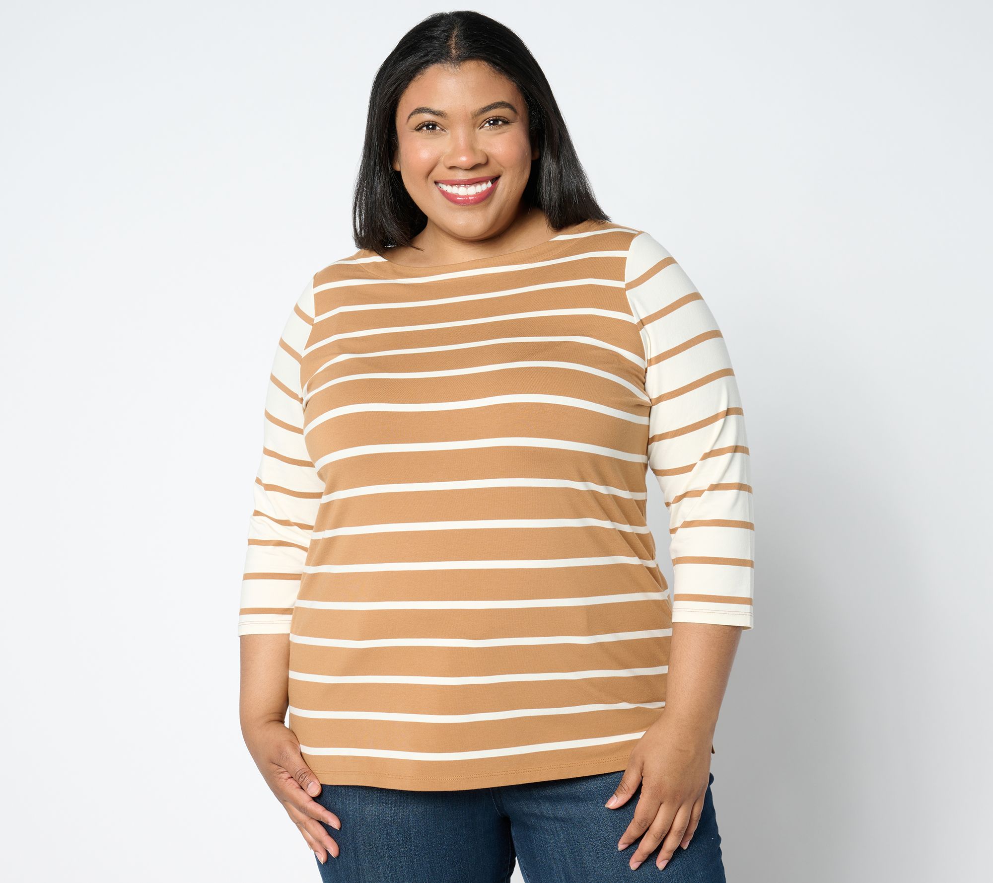 "As Is" Isaac Mizrahi Live! 3/4 Sleeve Yarn Dye Stripe Boat Neck Top