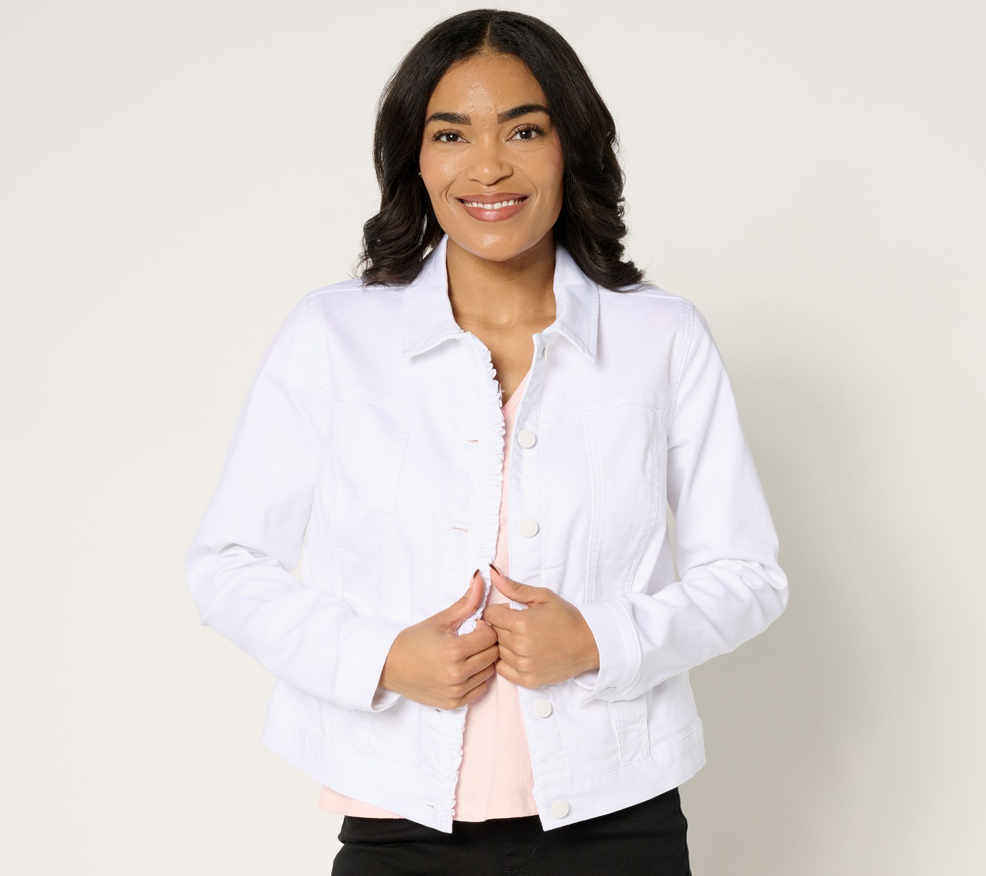 Belle by Kim Gravel Stretch Denim Femme Flutter Ruffle Jacket