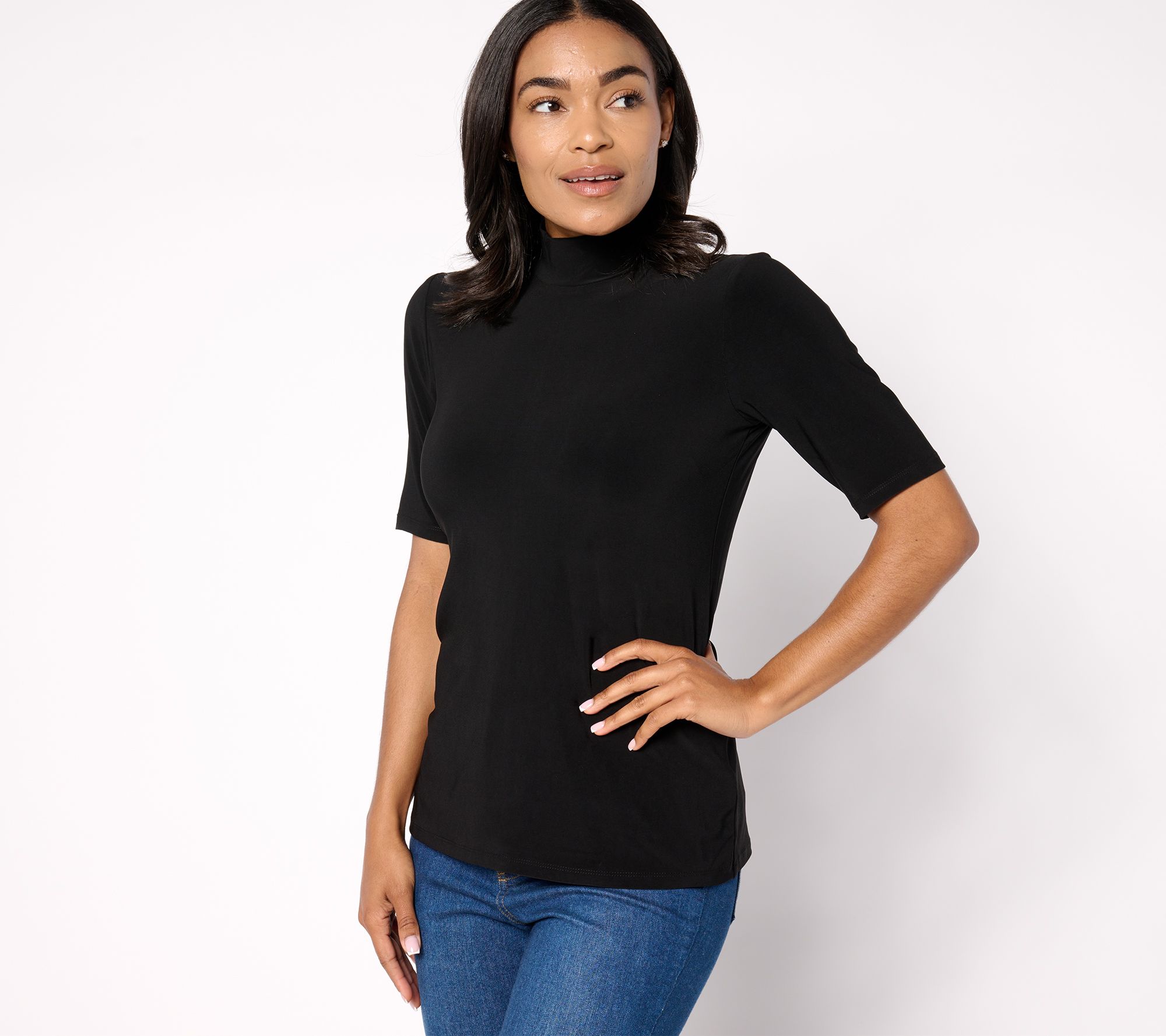 "As Is" Dennis Basso Mock Neck Top with Elbow Sleeves