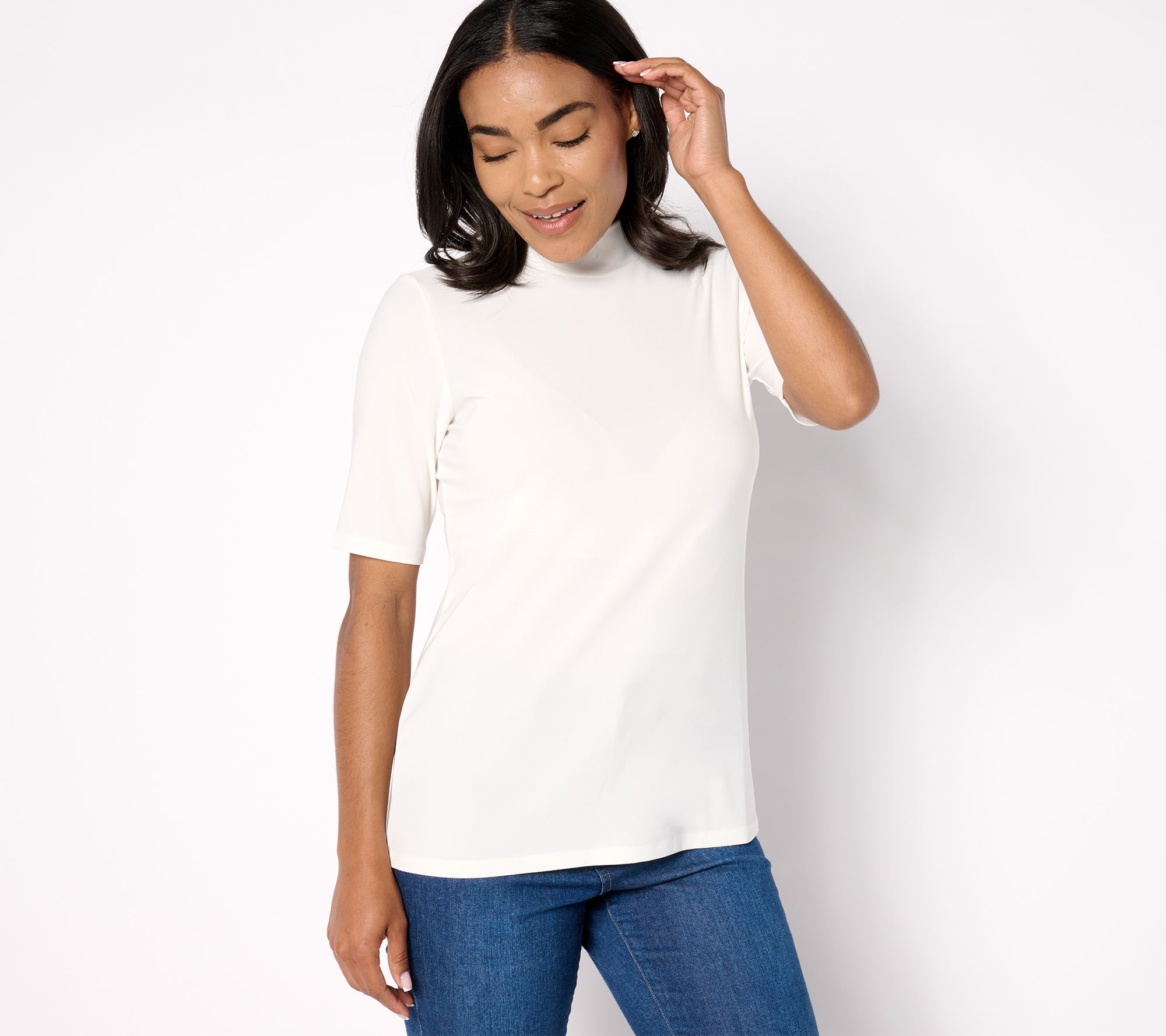 "As Is" Dennis Basso Mock Neck Top with Elbow Sleeves