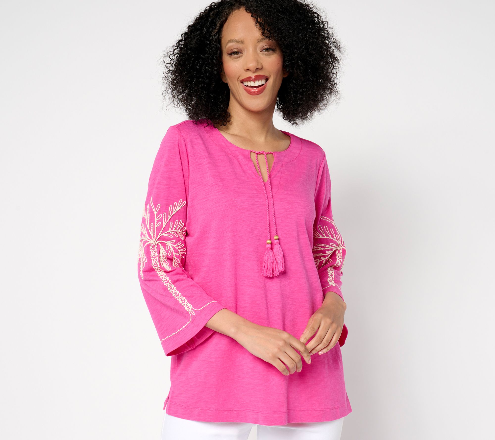 Belle Beach by Kim Gravel Slub Knit Sandy Palm Embroidered Top