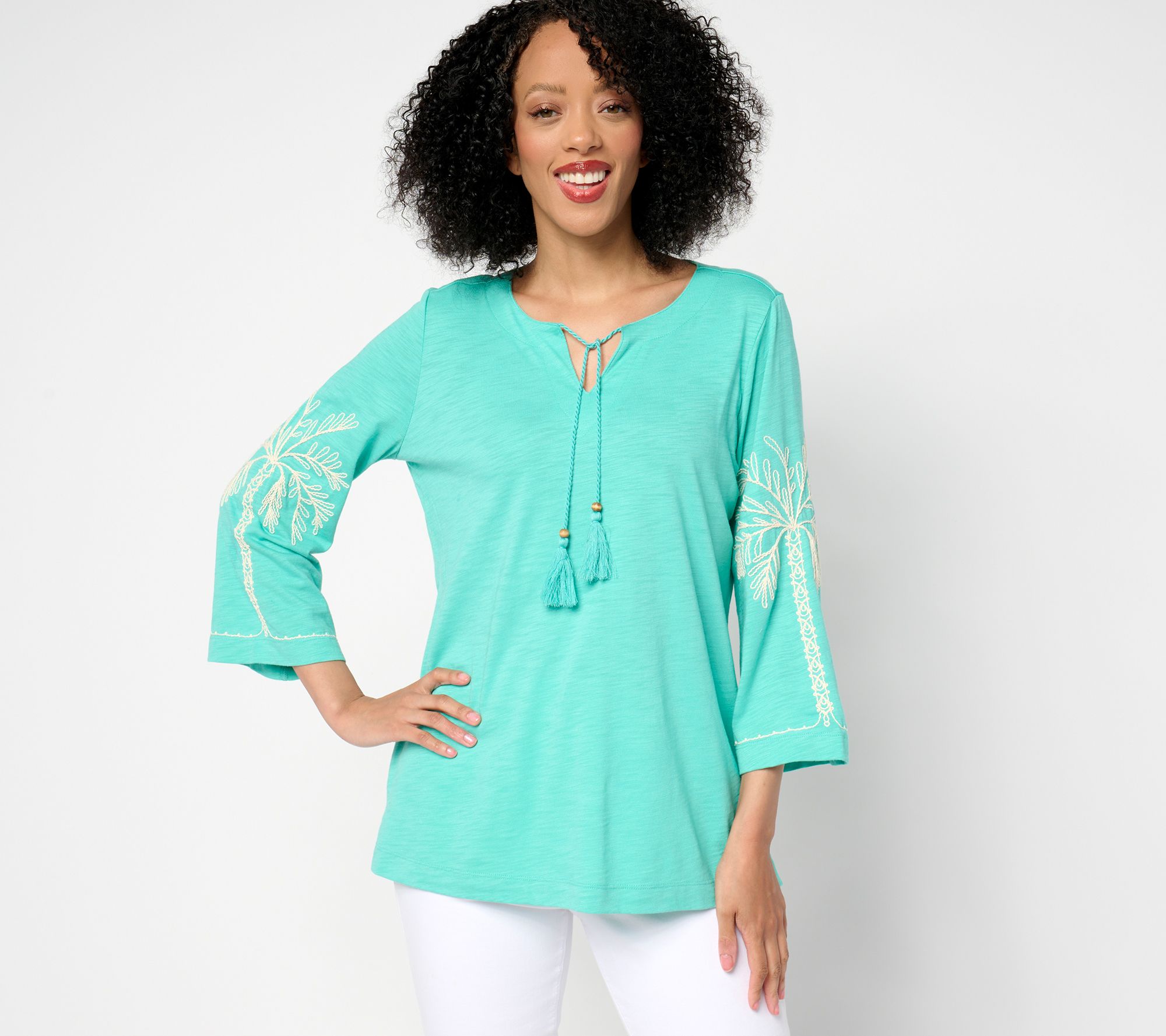 Belle Beach by Kim Gravel Slub Knit Sandy Palm Embroidered Top