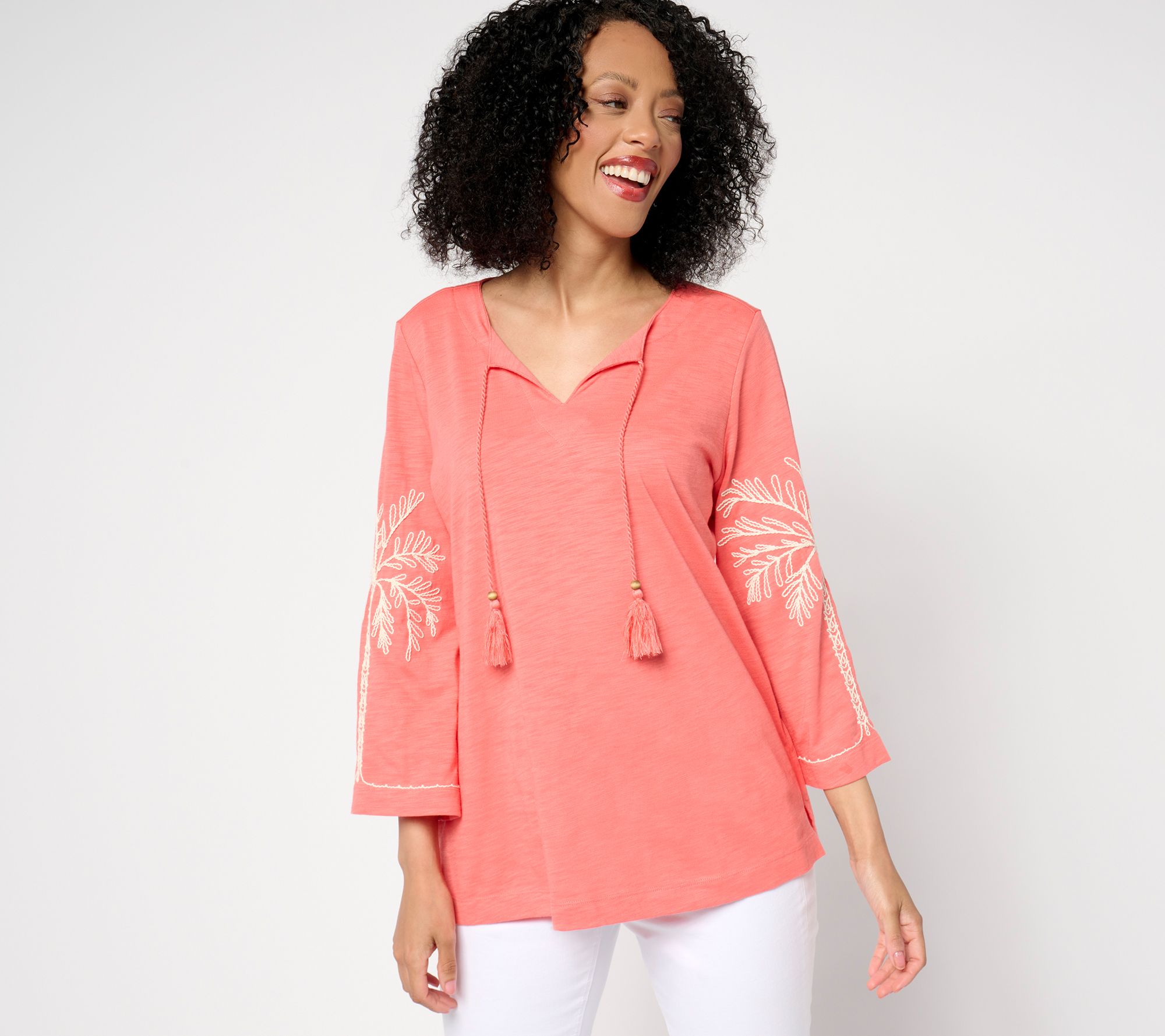 Belle Beach by Kim Gravel Slub Knit Sandy Palm Embroidered Top