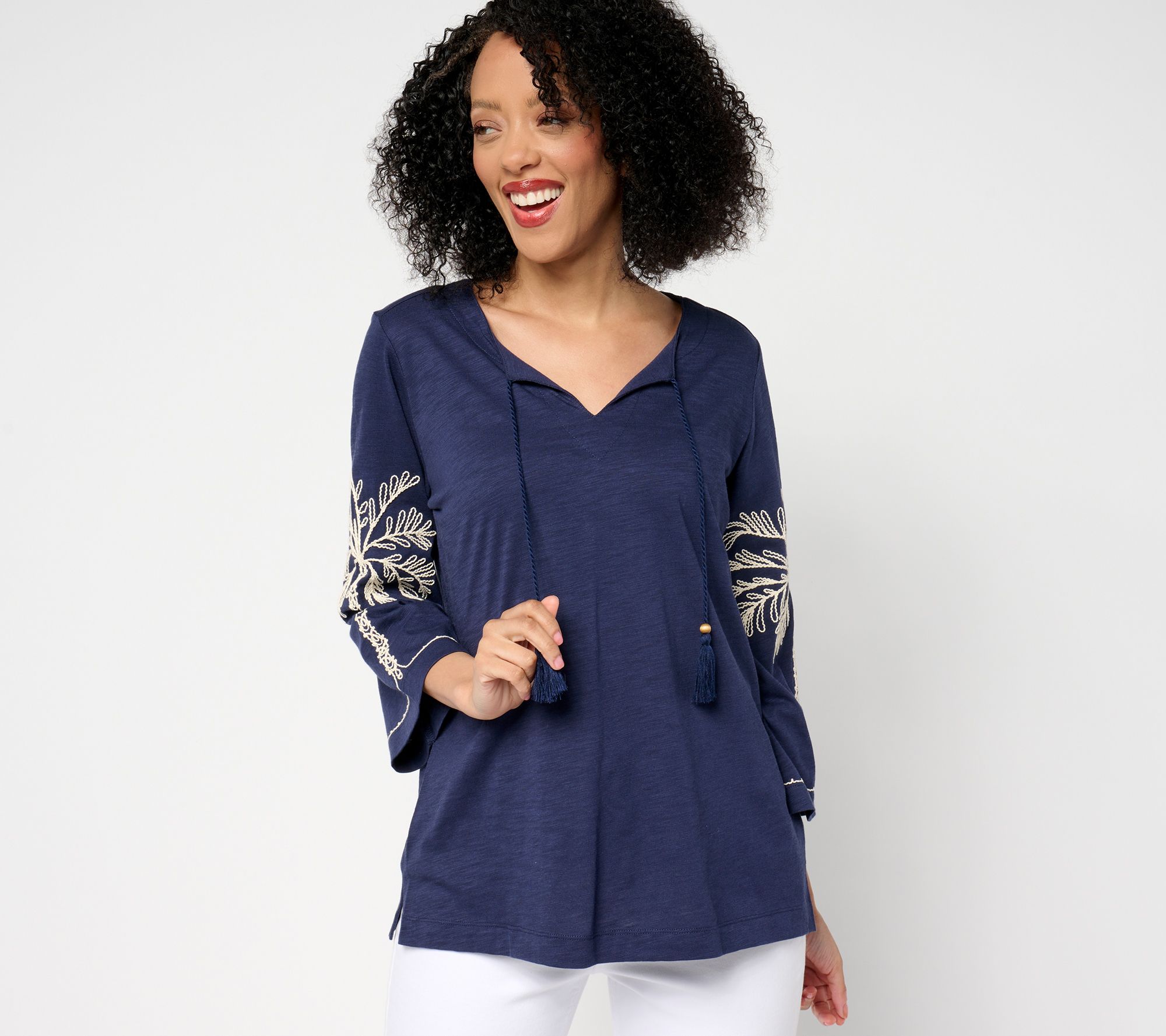 Belle Beach by Kim Gravel Slub Knit Sandy Palm Embroidered Top