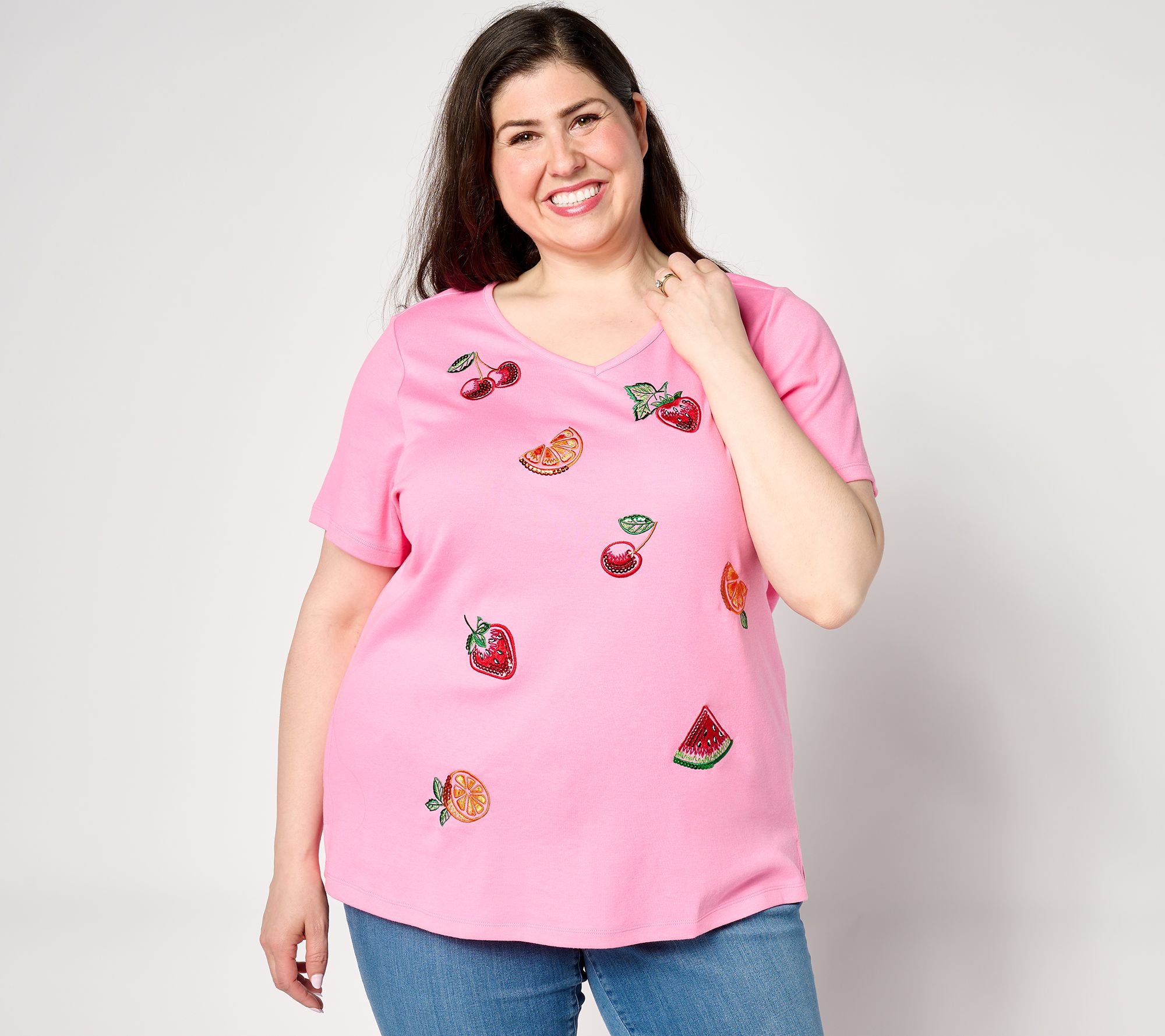 "As Is" Quacker Factory Summer Doodles Sequin and Embroidery V-Neck Top