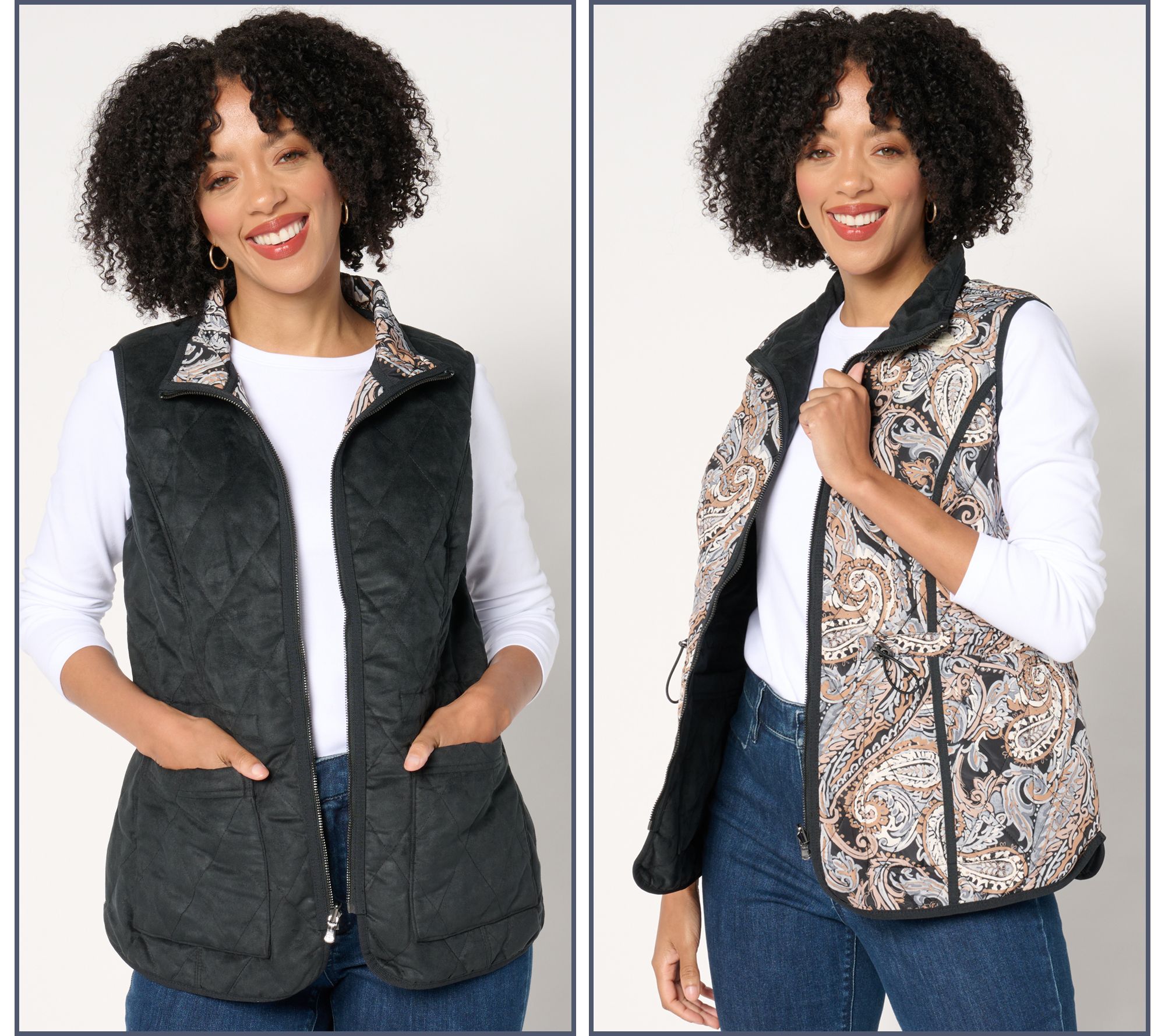 "As Is" Isaac Mizrahi Live! Diamond Quilted Faux Suede Reversible Vest