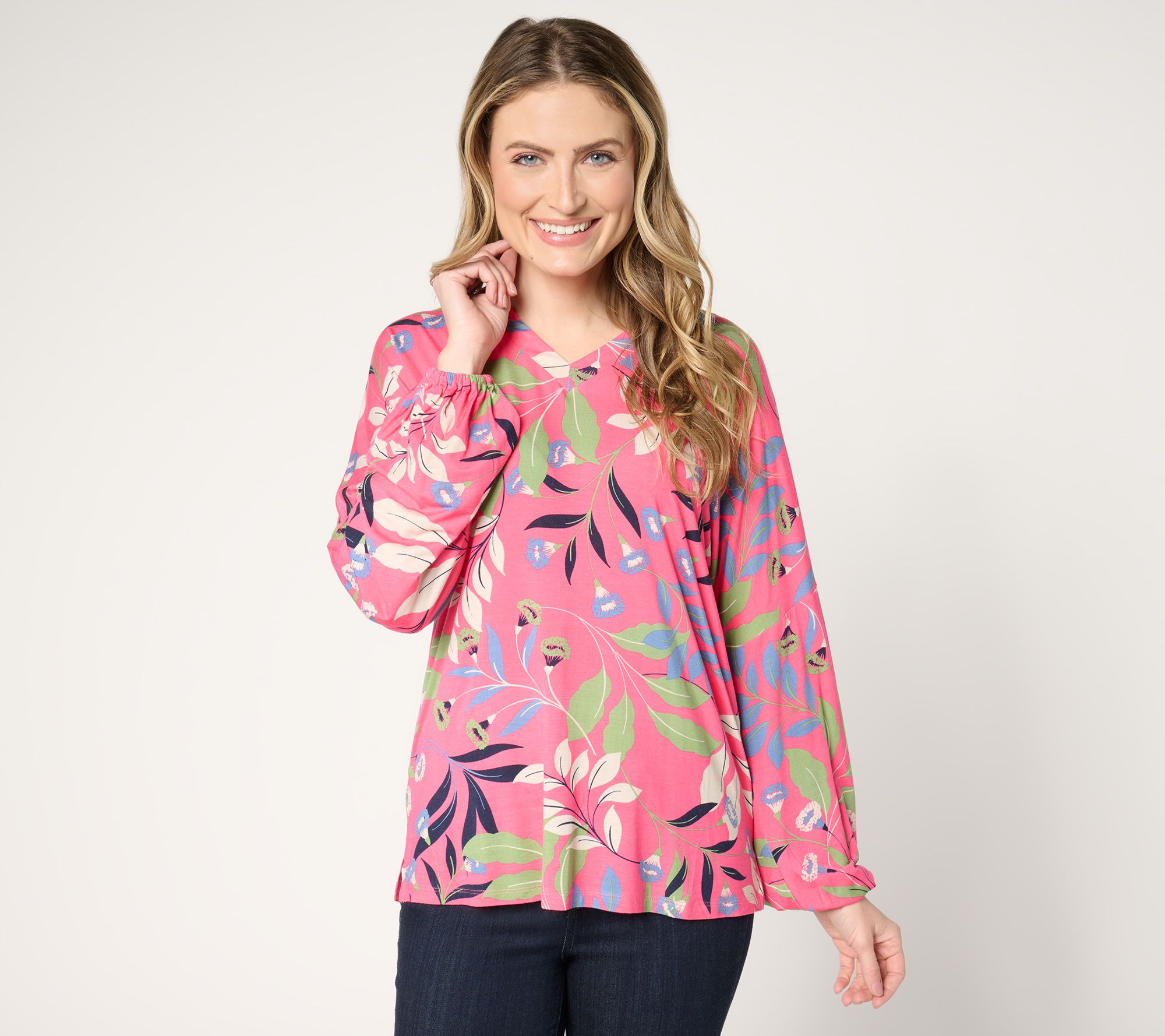 "As Is" Belle by Kim Gravel Organic Floral Peasant Sleeve Knit Blouse