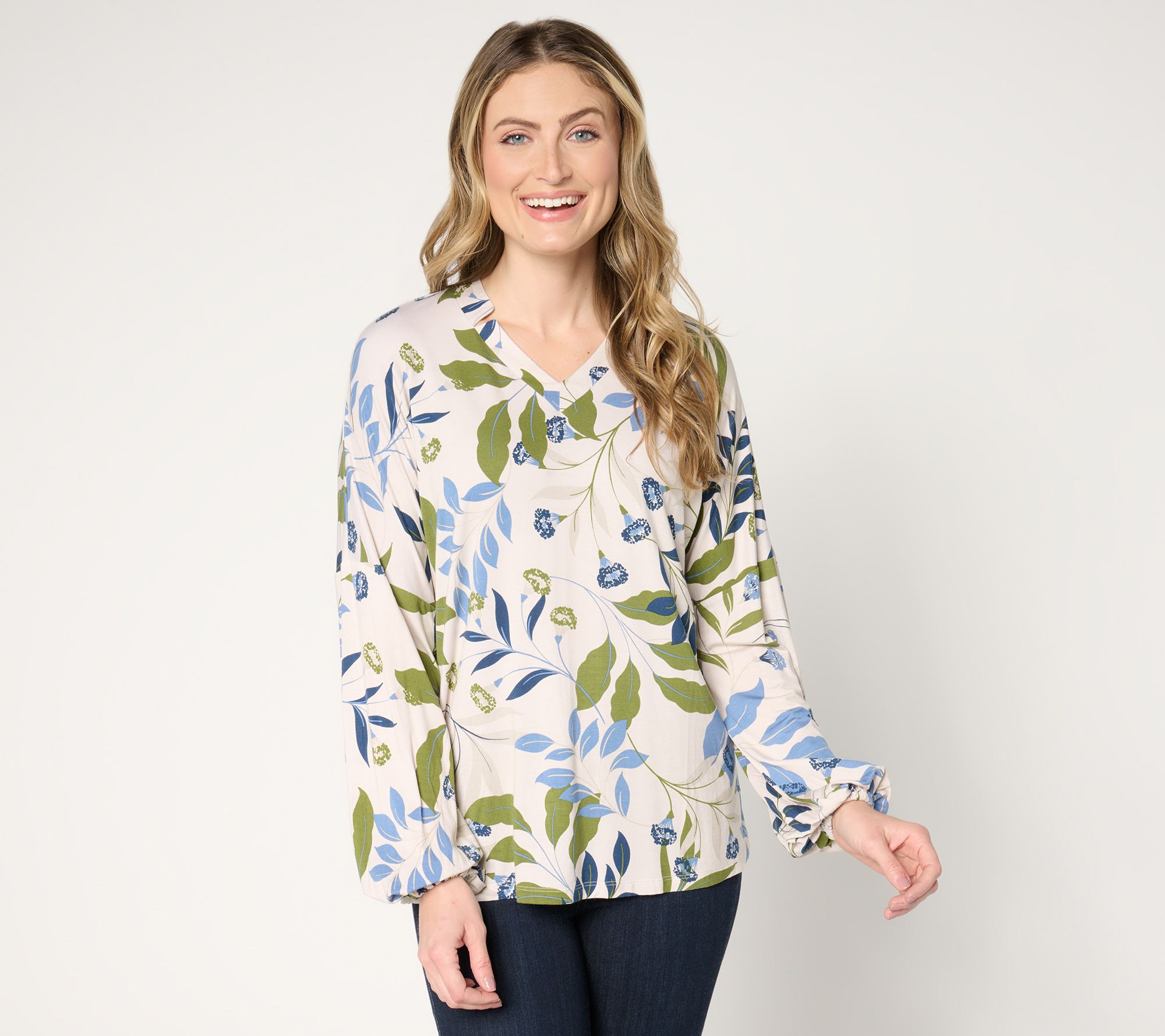 "As Is" Belle by Kim Gravel Organic Floral Peasant Sleeve Knit Blouse