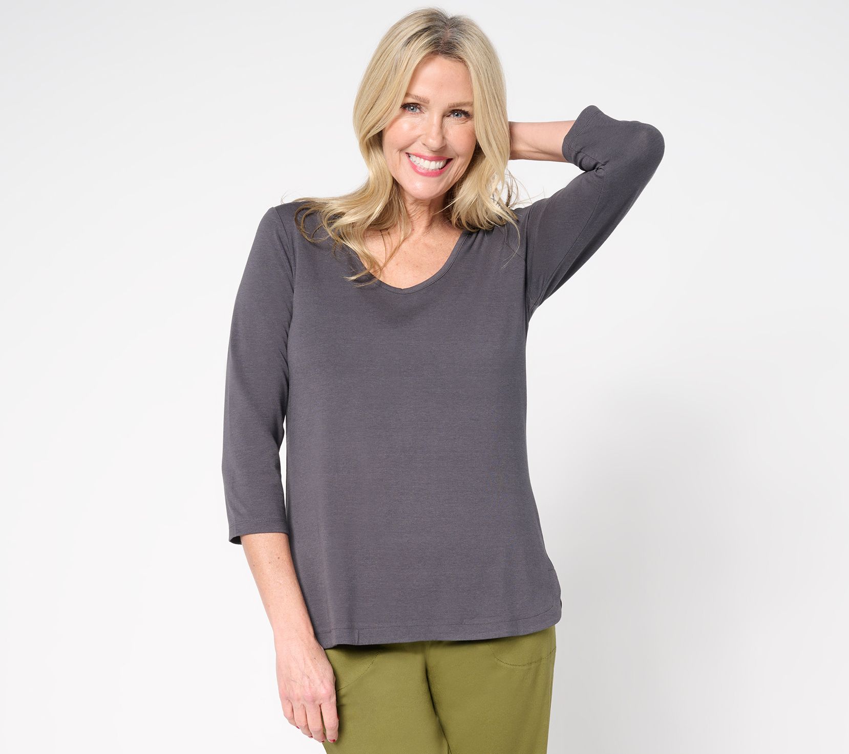 "As Is" Denim & Co. Essentials So Soft Jersey Curved Hem V-Neck Top