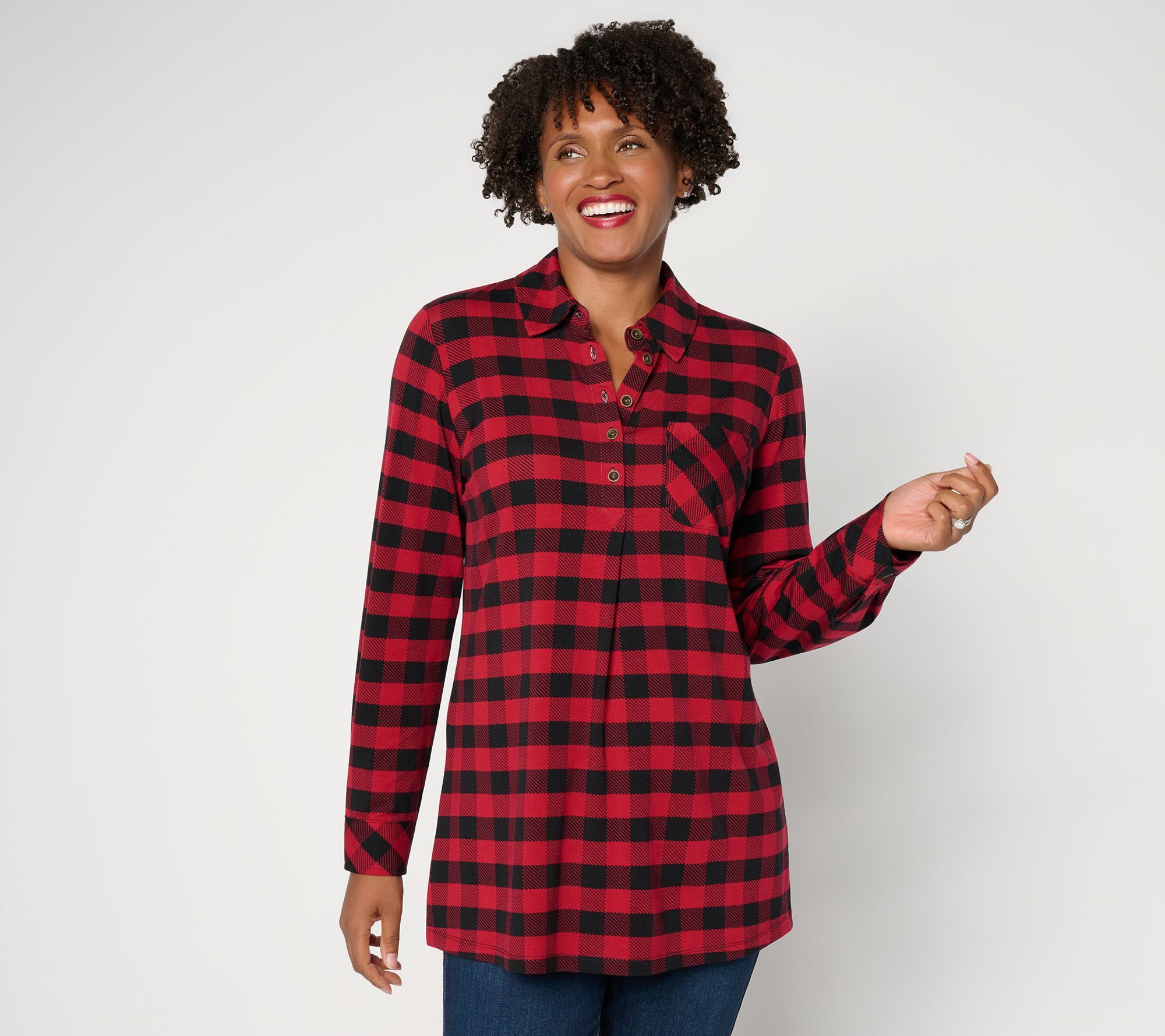 Denim & Co. Regular Buffalo Check So Soft Jersey Henley Tunic