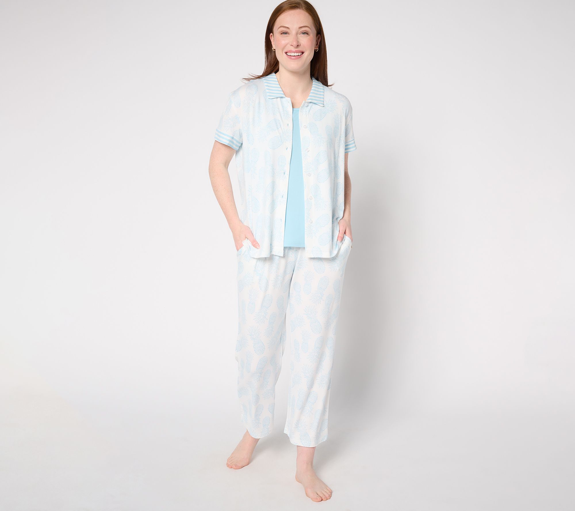 "As Is" MUK LUKS Reg Cloud Button Up, Tank & Crop Pant Pajama Set