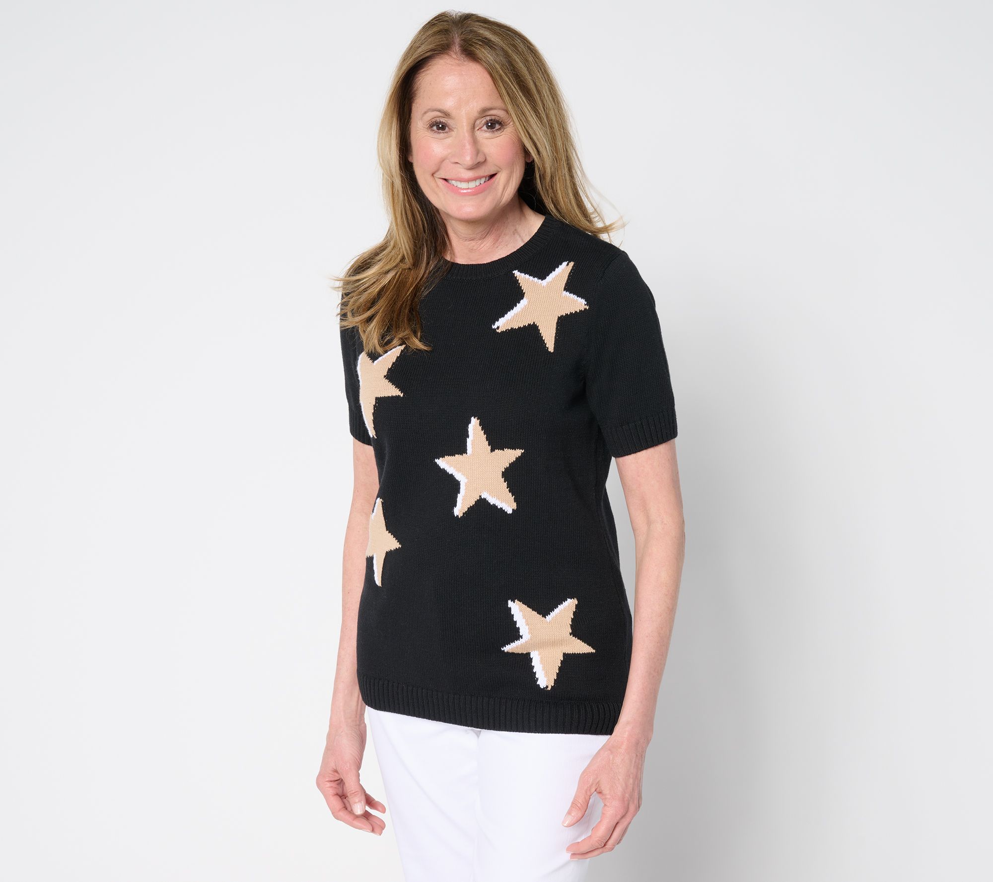 "As Is" Denim & Co. 100% Cotton Short Sleeve Intarsia Star Sweater