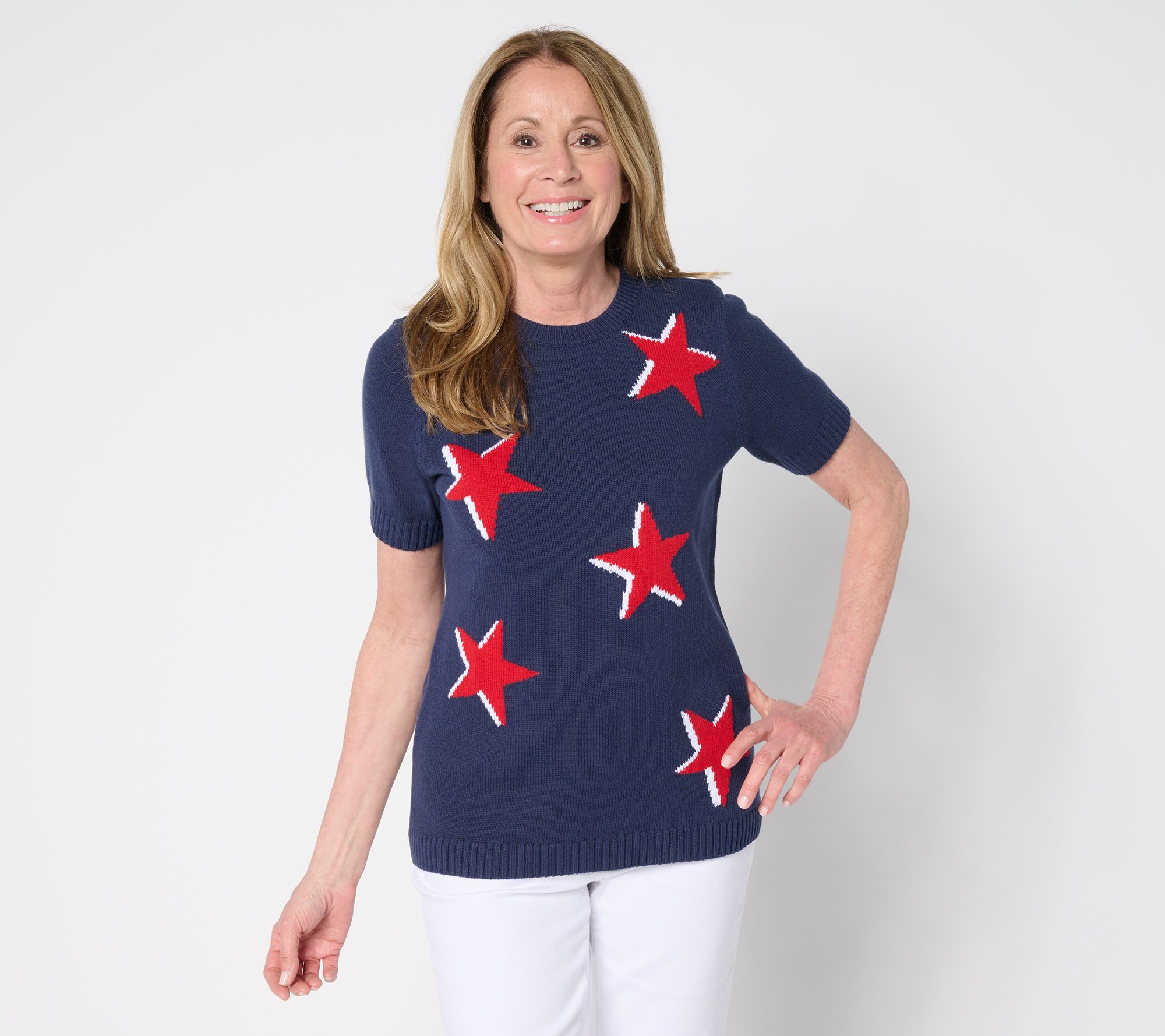 "As Is" Denim & Co. 100% Cotton Short Sleeve Intarsia Star Sweater