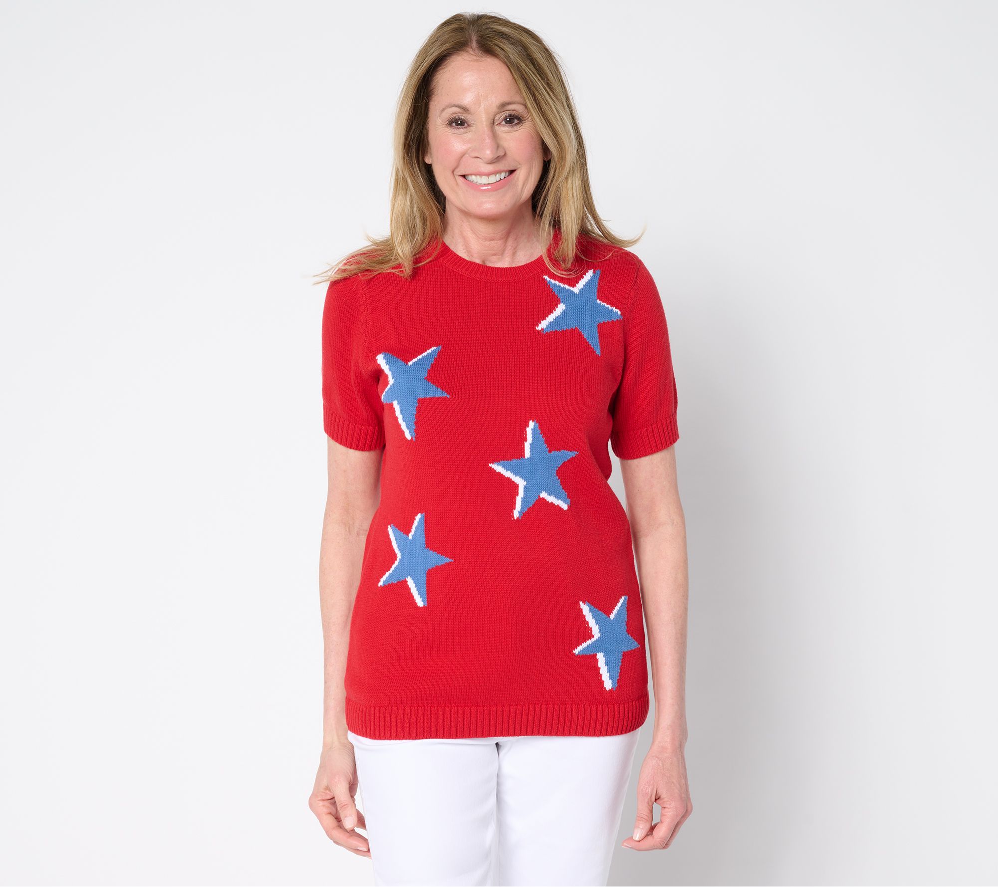 "As Is" Denim & Co. 100% Cotton Short Sleeve Intarsia Star Sweater