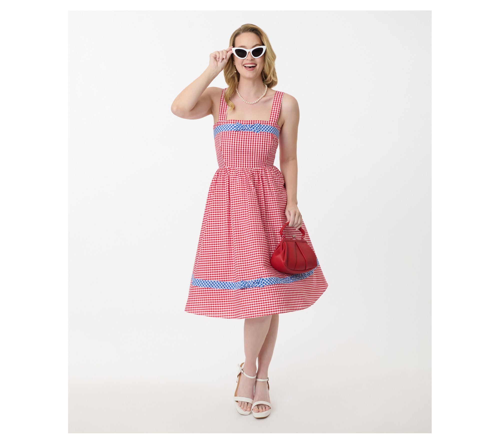 Unique Vintage Red & Blue Gingham Swing Dress