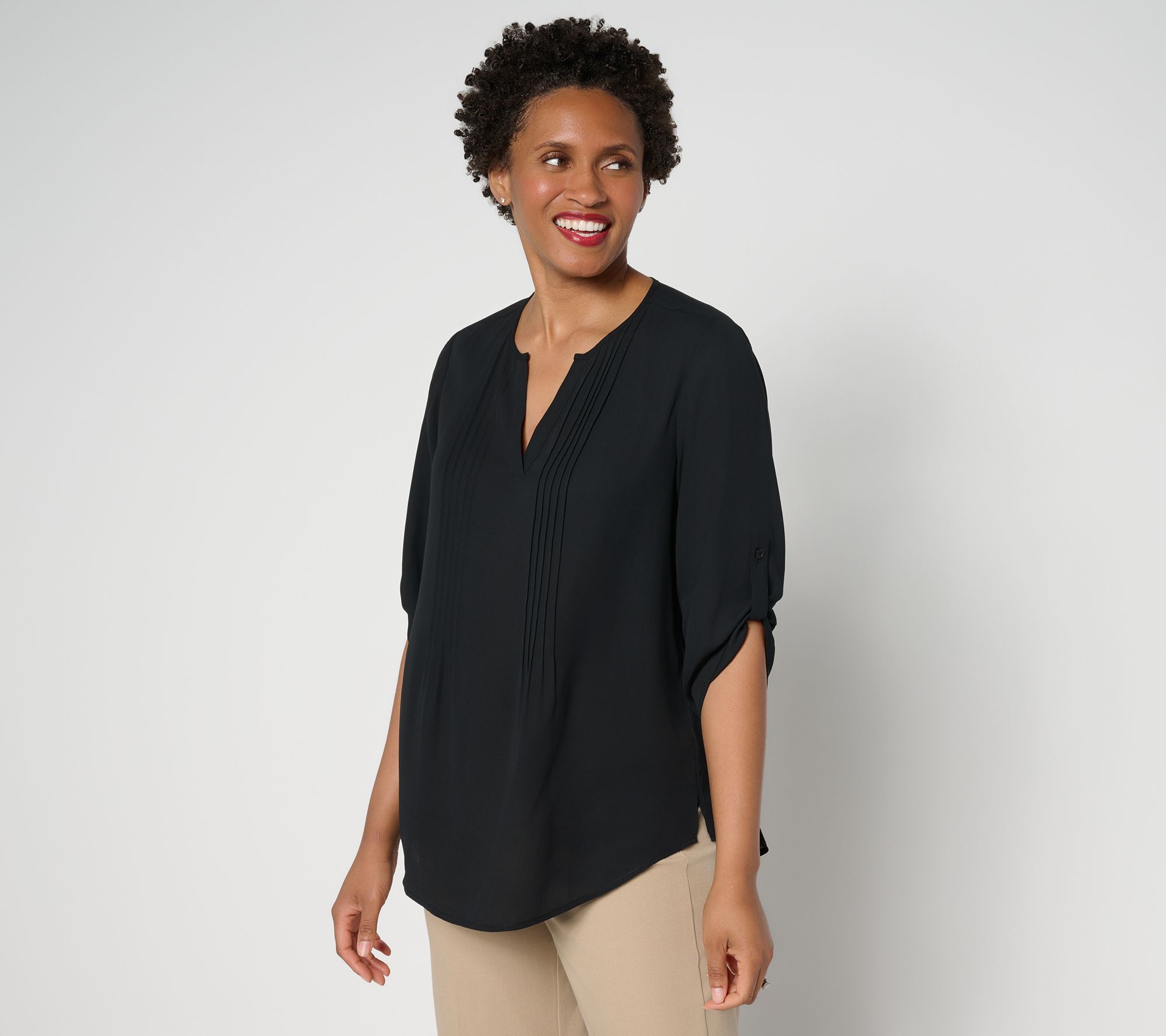 "As Is" Joan Rivers Georgette Split V-Neck Pintuck Blouse