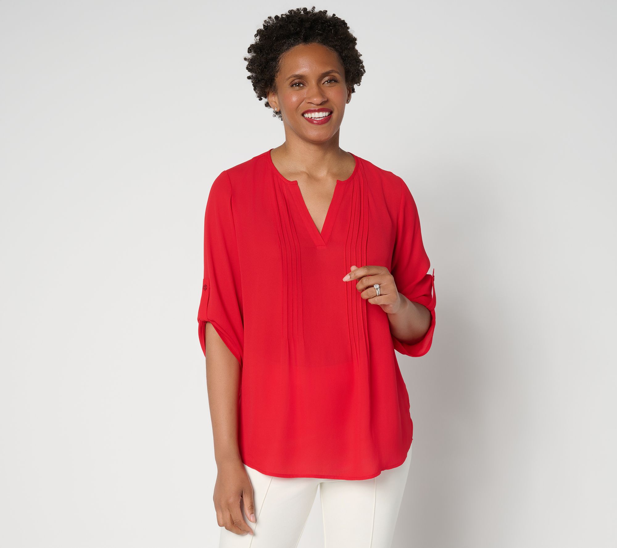 "As Is" Joan Rivers Georgette Split V-Neck Pintuck Blouse