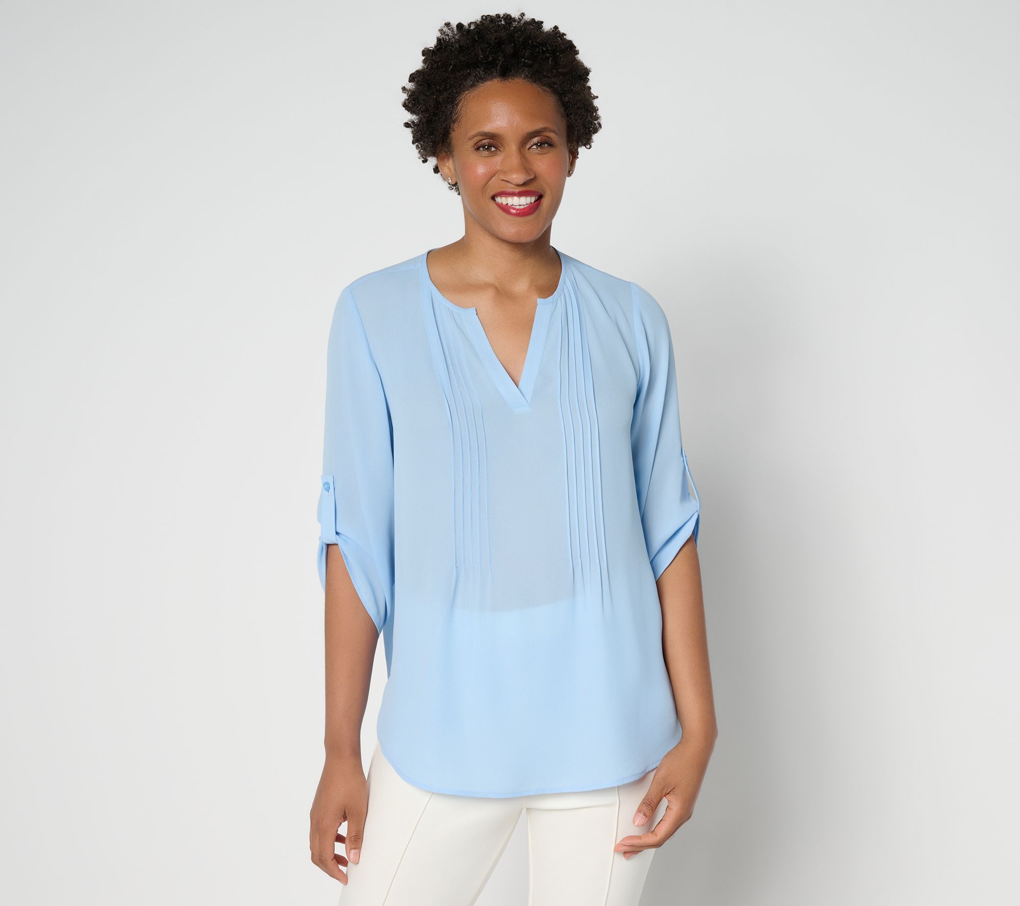 "As Is" Joan Rivers Georgette Split V-Neck Pintuck Blouse