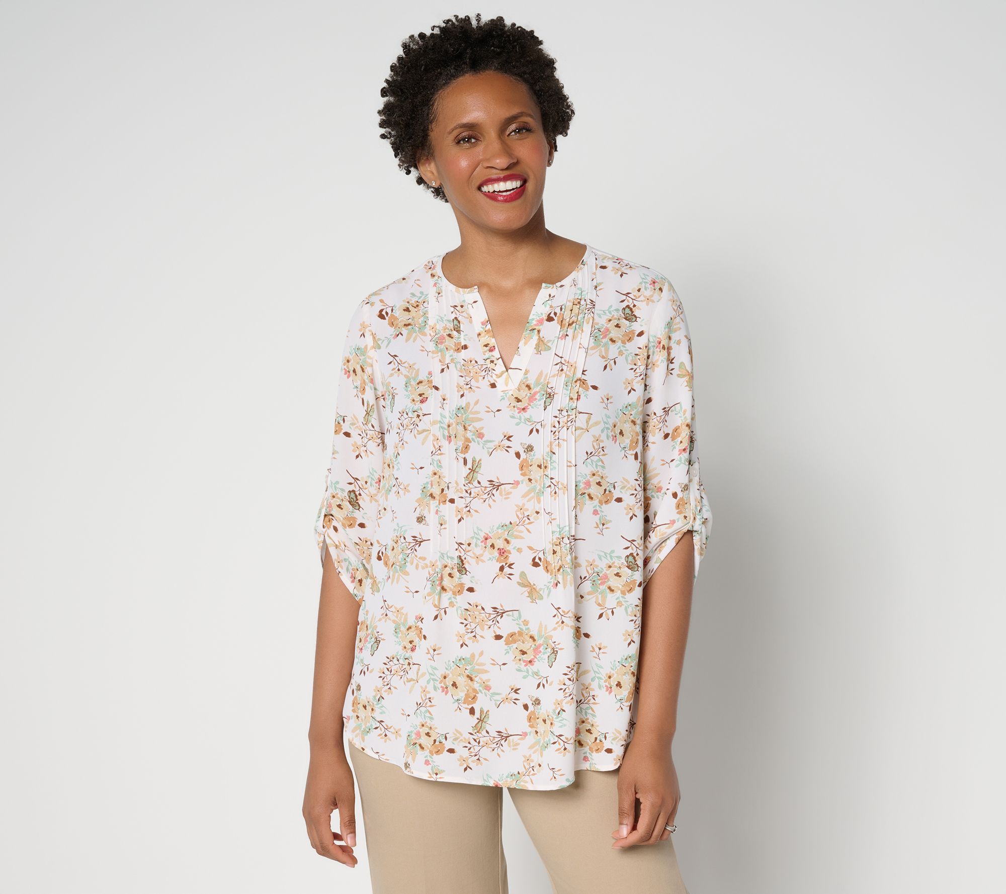 "As Is" Joan Rivers Georgette Split V-Neck Pintuck Blouse