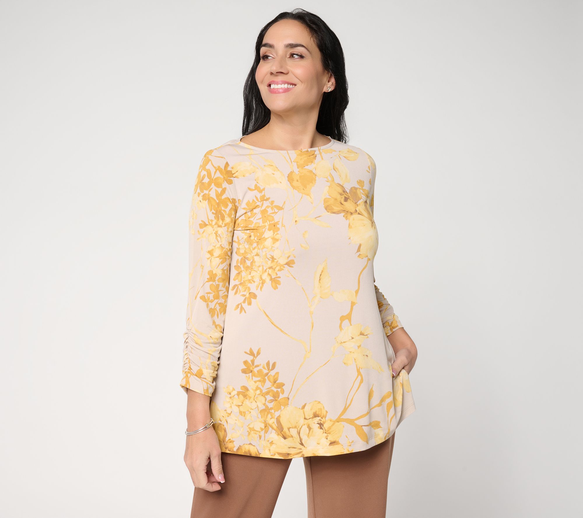 Susan Graver Regular Printed Liquid Knit 3/4 Sleeve A-Line Tunic