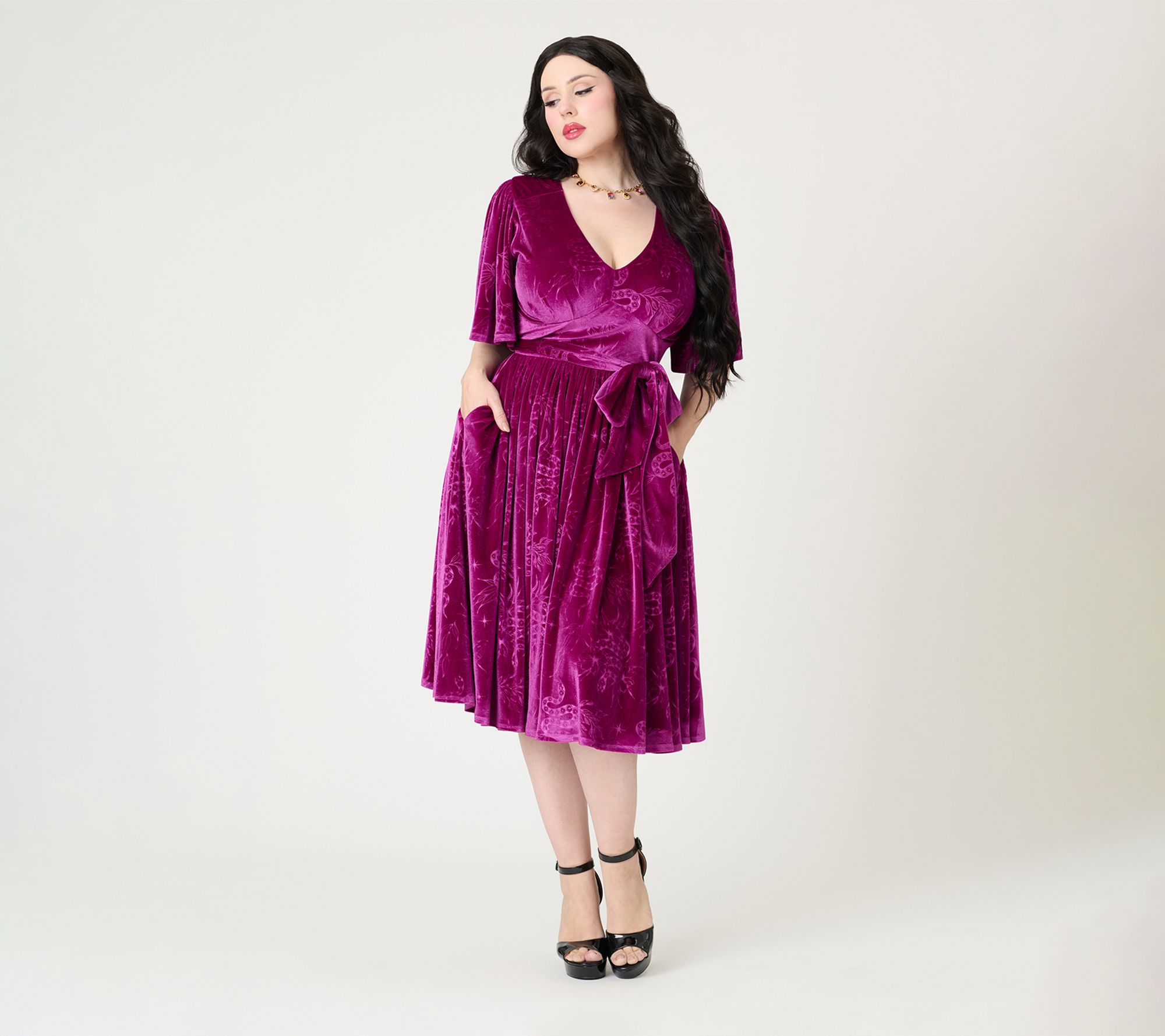 Unique Vintage Magenta Velvet Embossed Snake Fl utter Dress