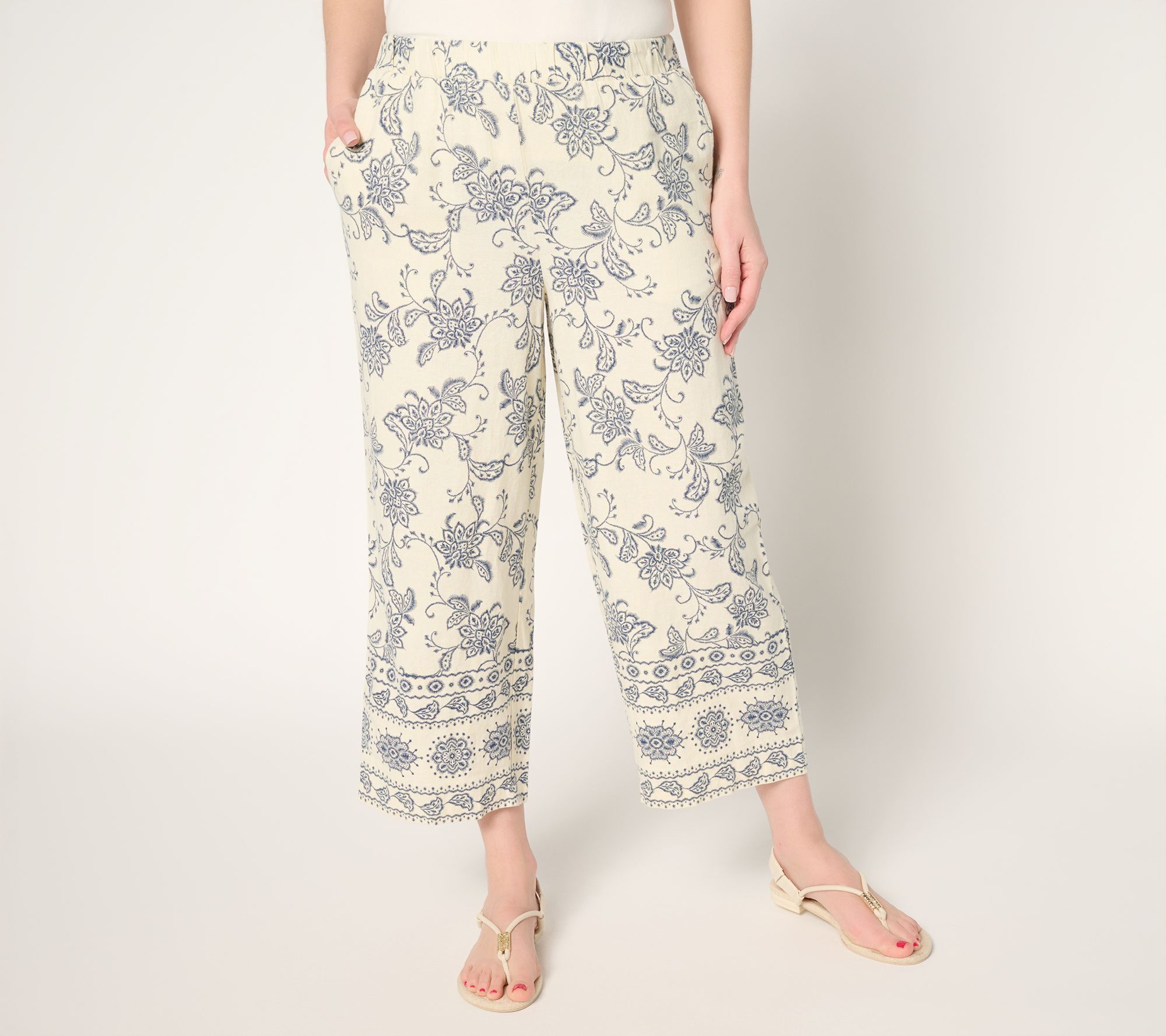 "As Is" Susan Graver PURE Petite Printed Linen Wide Leg Crop Pants