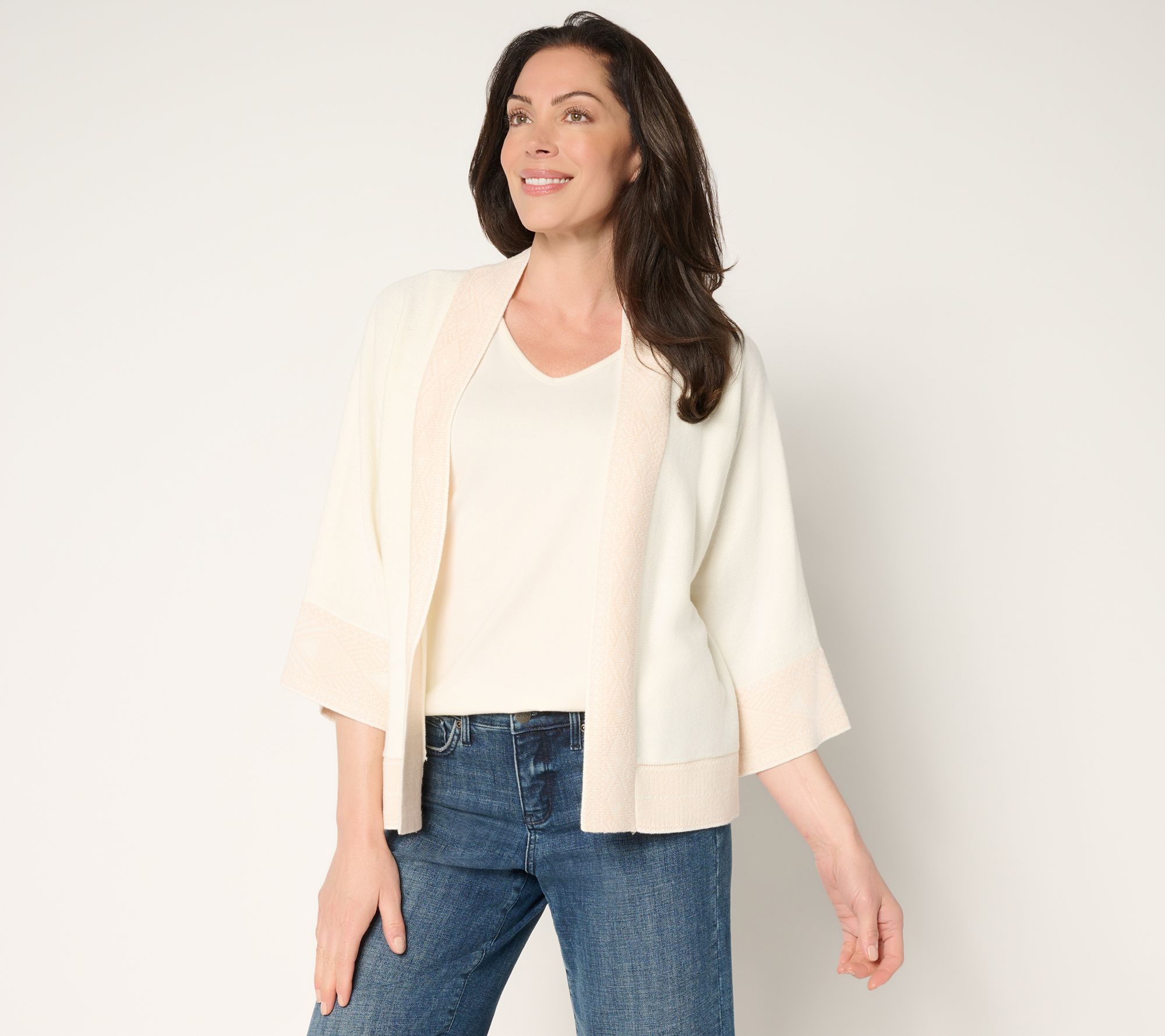 "As Is" Belle Boho by Kim Gravel Border Trim Open Front Cardigan