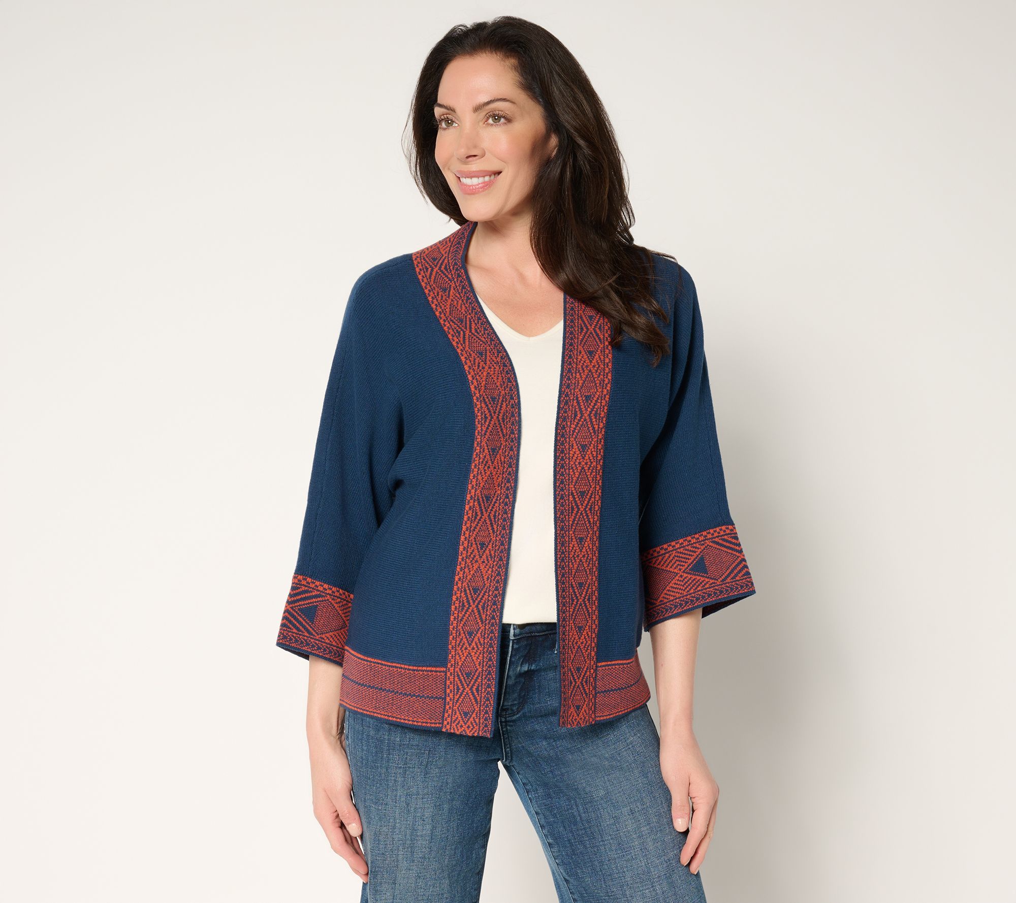 "As Is" Belle Boho by Kim Gravel Border Trim Open Front Cardigan