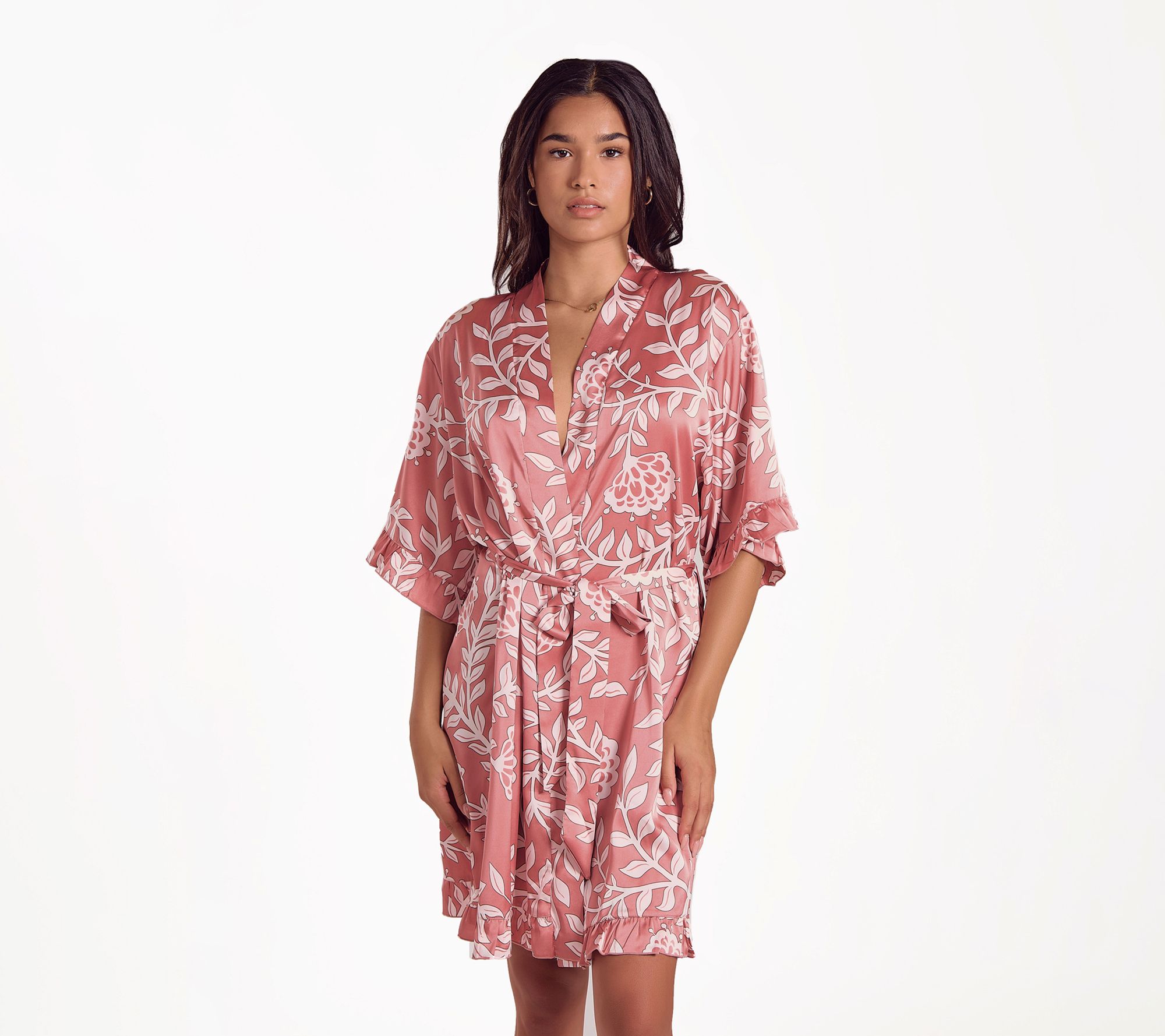iCollection Floral Ruffle Sleeve Satin Robe