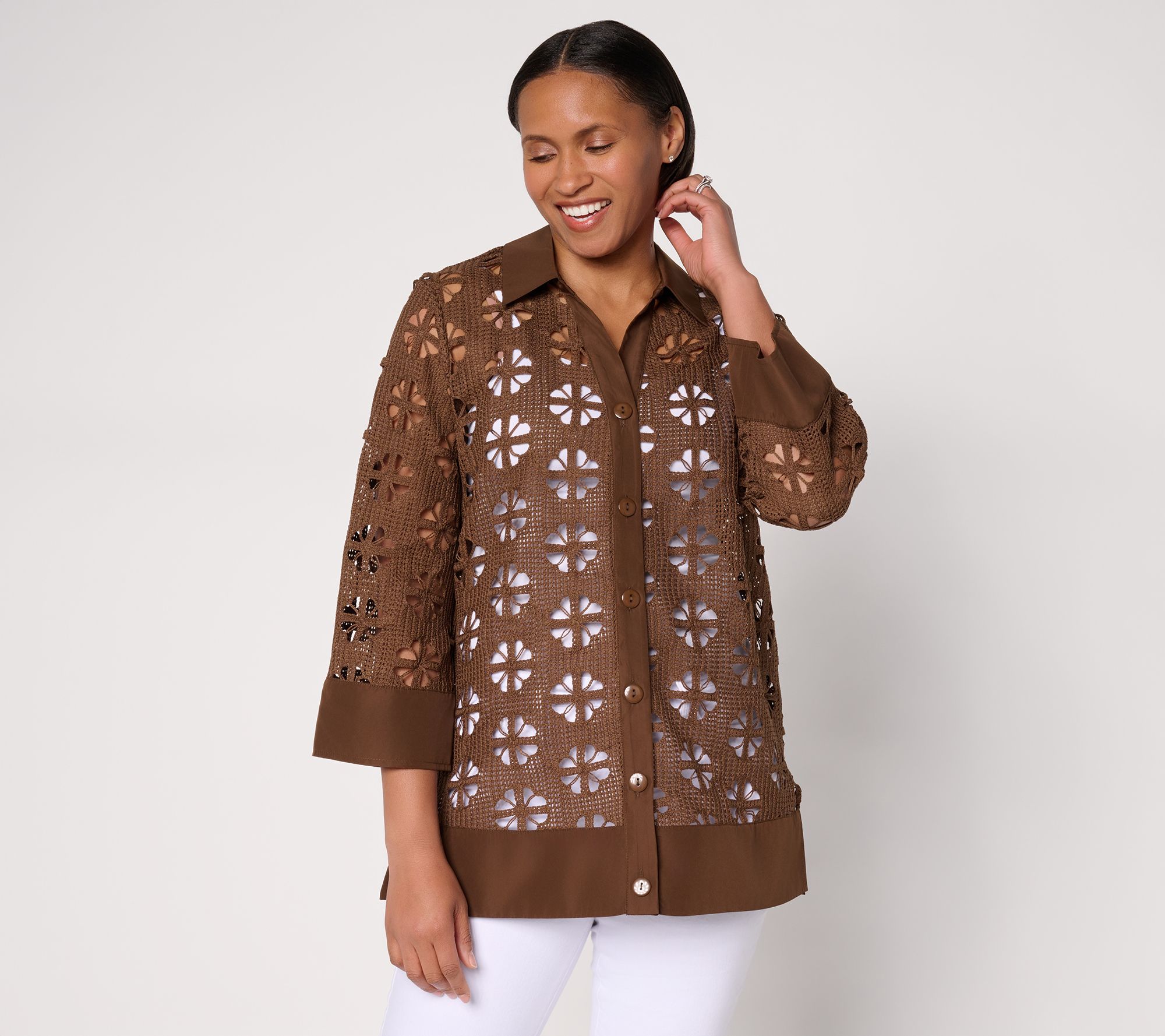 Dennis Basso Regular Button Front Crochet Tunic