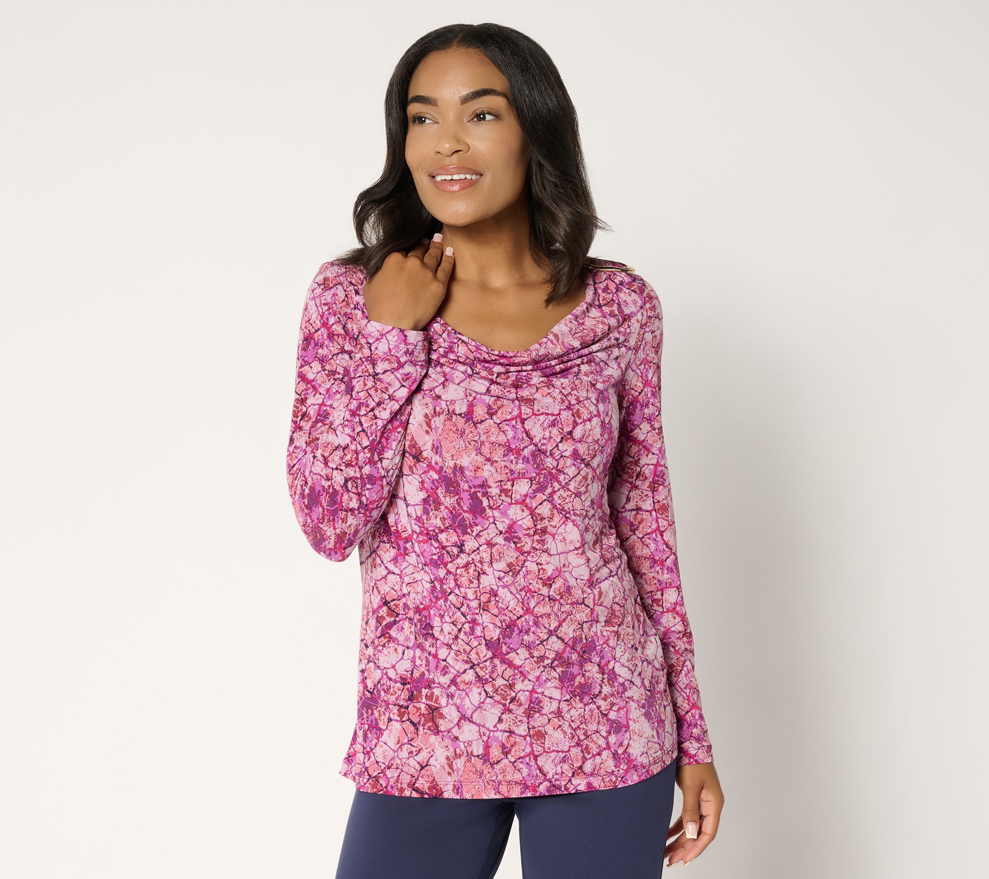 "As Is" Susan Graver Printed Liquid Knit Cowl-Neck Long- Slv Top w/ Trim