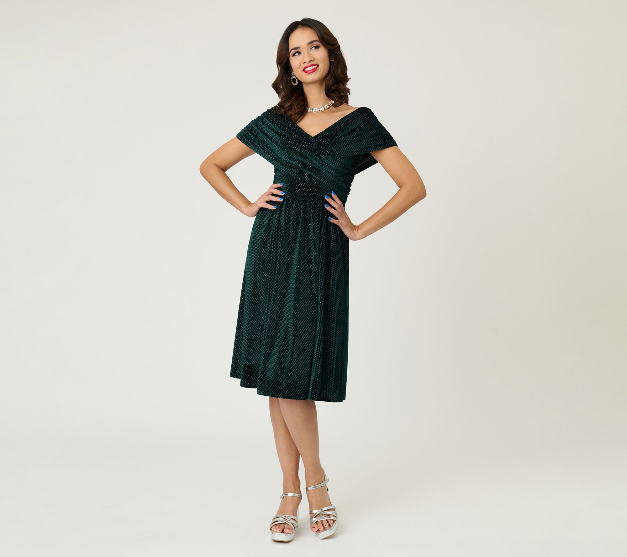 Unique Vintage Emerald Velvet Shirred Swing Dress