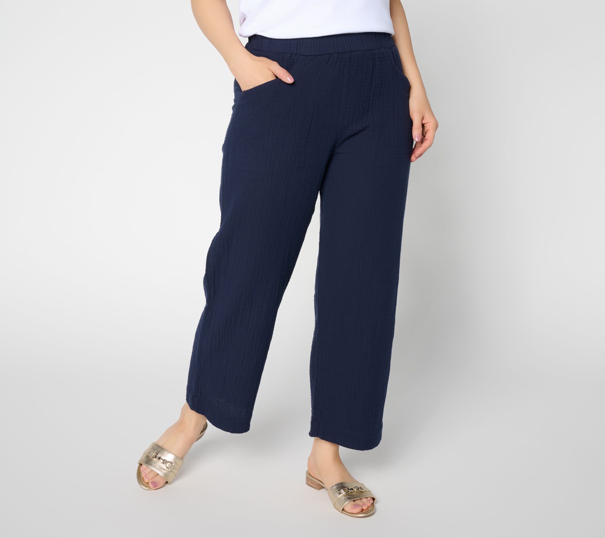 Susan Graver Regular Getaway Cotton Gauze Wide Leg Crop Pants