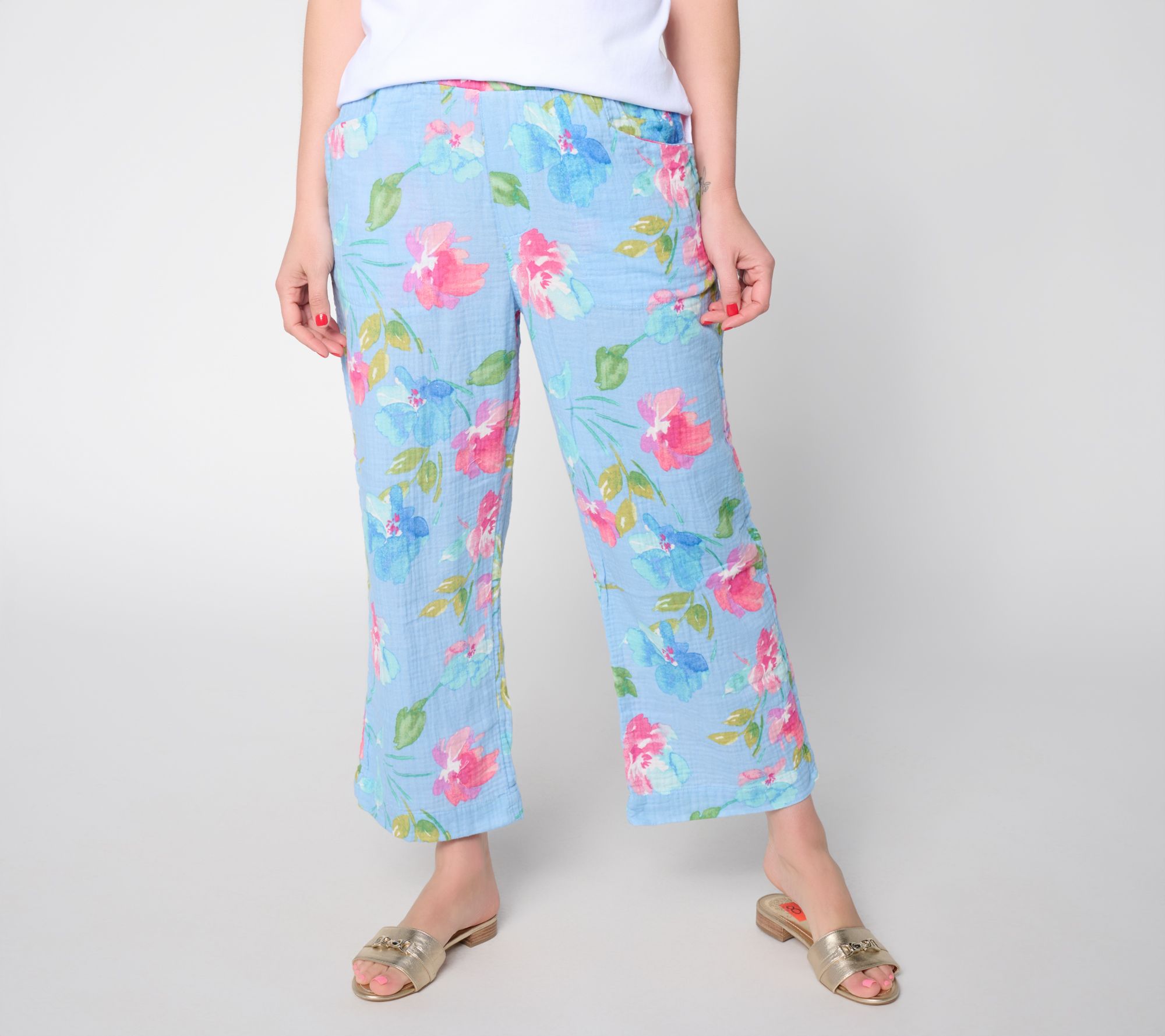 Susan Graver Regular Getaway Cotton Gauze Wide Leg Crop Pants